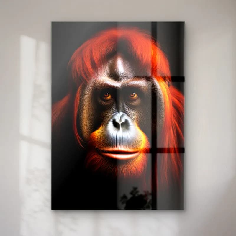 Kızıl Orangutan Portresi cam tablo — Siyah fonda kızıl tüylü, bilge bakışlı orangutan
