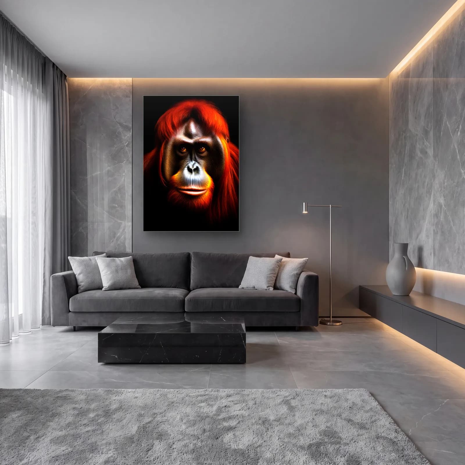 Kızıl Orangutan Portresi cam tablo — lüks salon duvarında