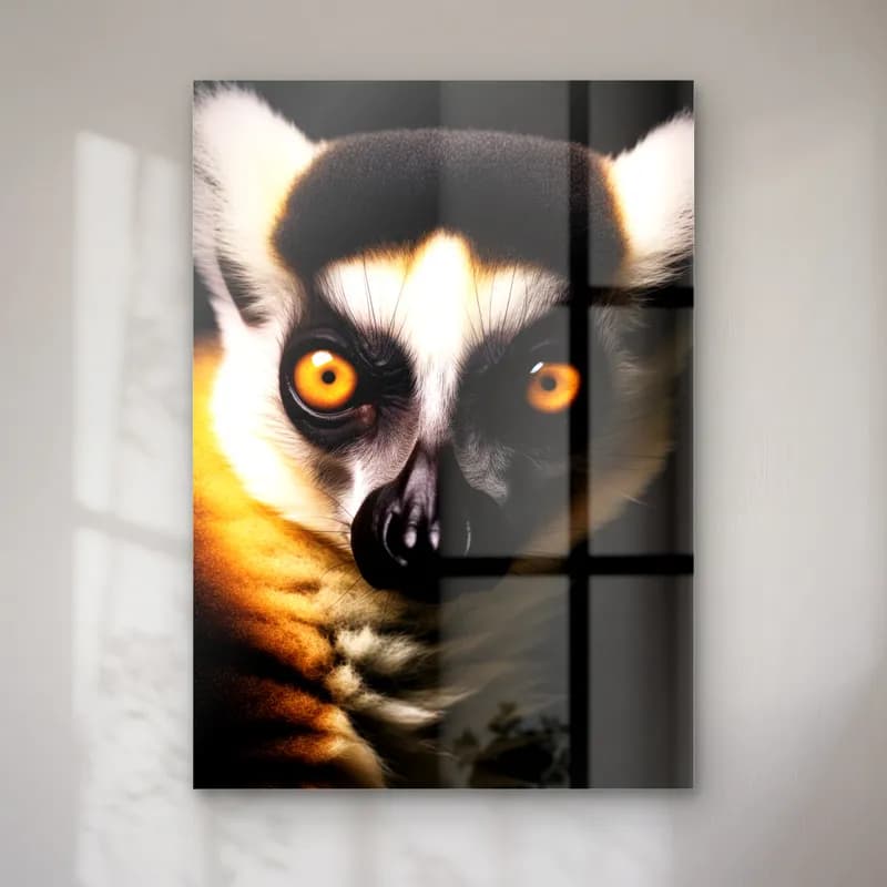 Sarı Gözlü Lemur cam tablo — Siyah fonda parlak sarı gözlü siyah beyaz lemur