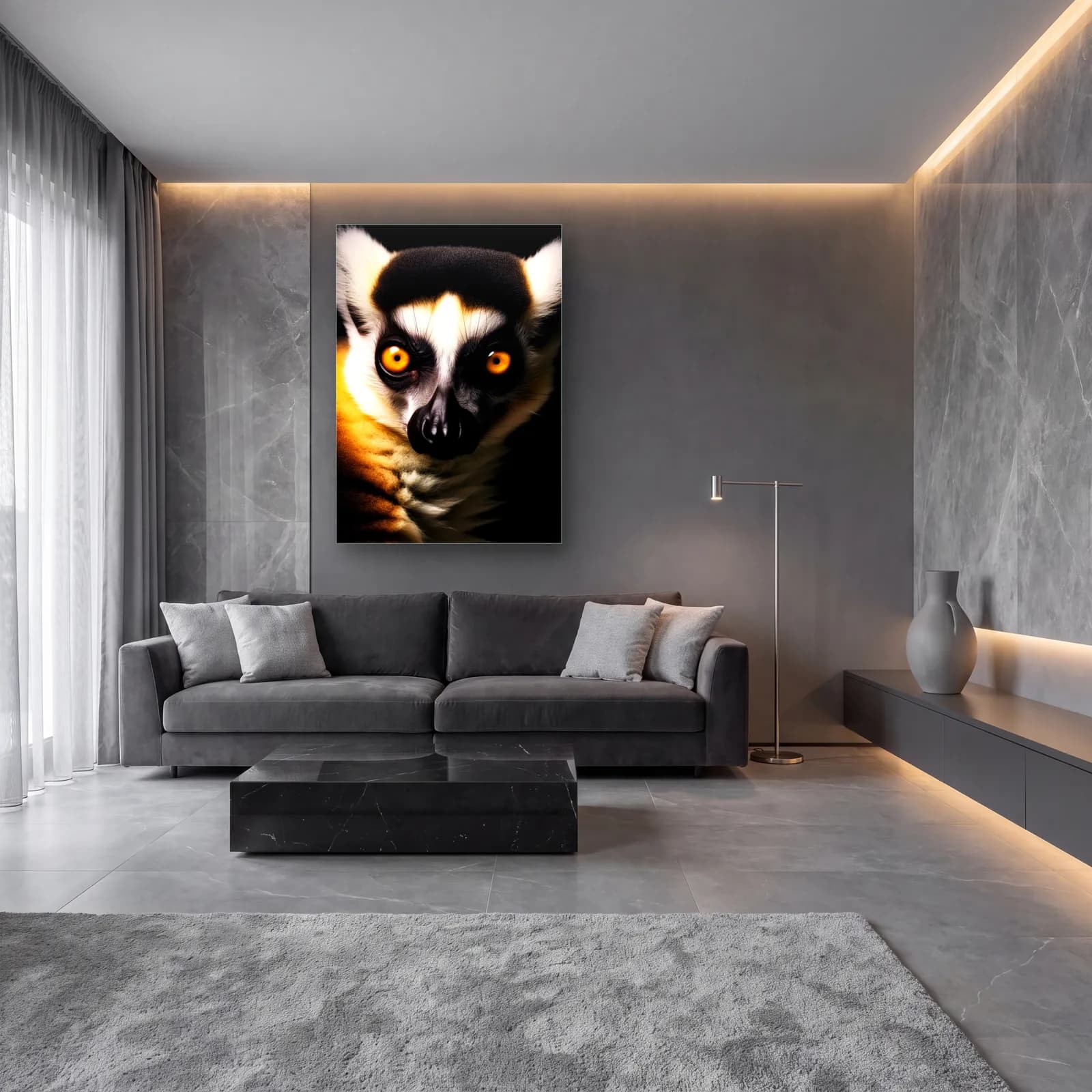 Sarı Gözlü Lemur cam tablo — lüks salon duvarında