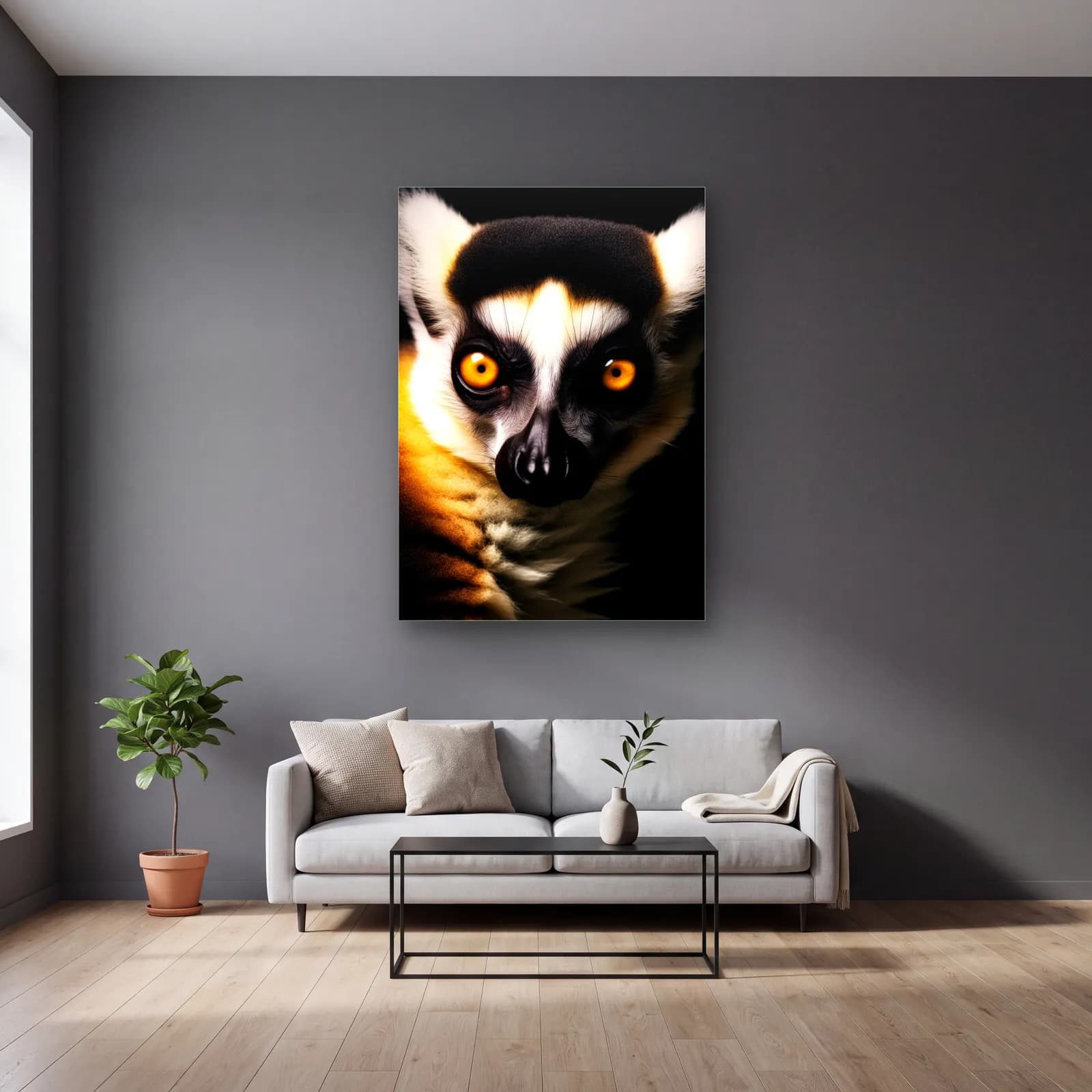 Sarı Gözlü Lemur cam tablo — gri duvarlı salonda