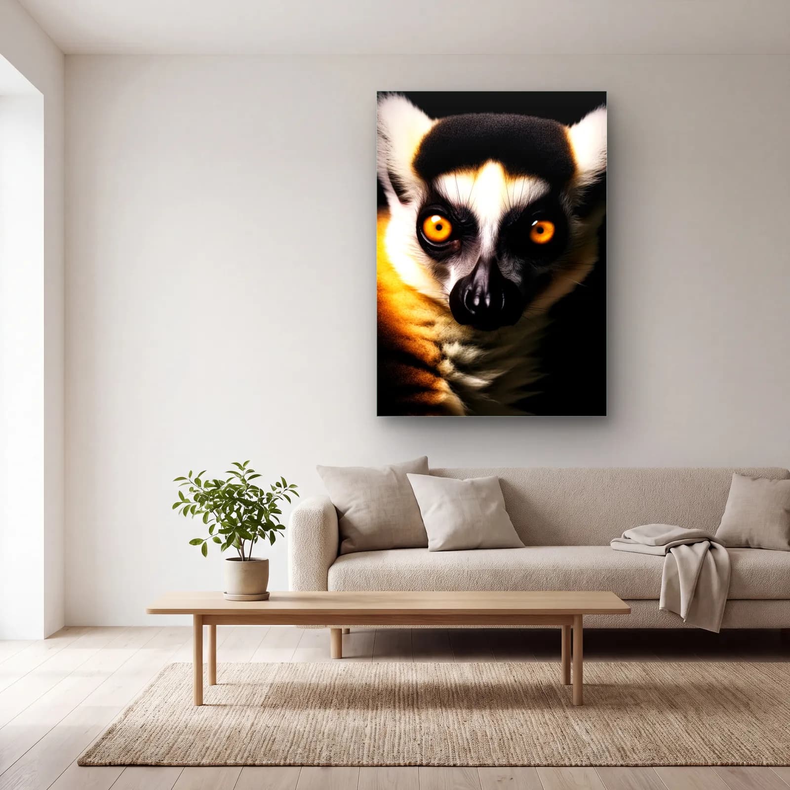 Sarı Gözlü Lemur cam tablo — açık renk salonda