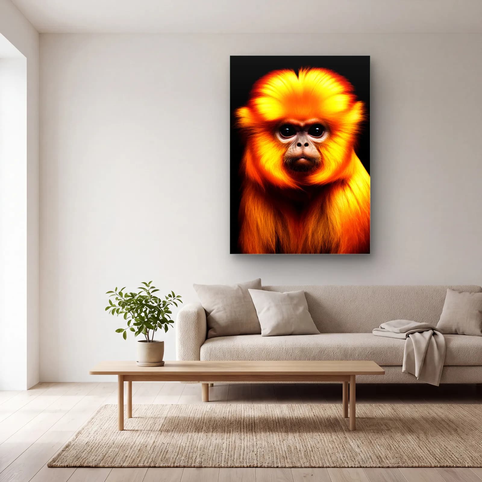 Altın Tüylü Maymun cam tablo — açık renk salonda