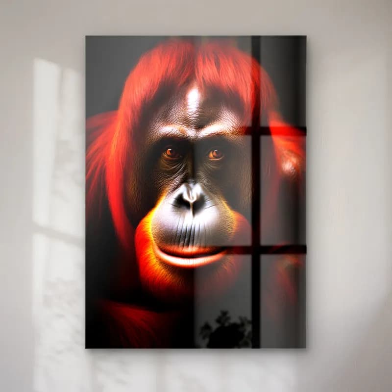 Ateş Kızılı Orangutan cam tablo — Siyah fonda ateş kızılı tüylü, gülümseyen orangutan