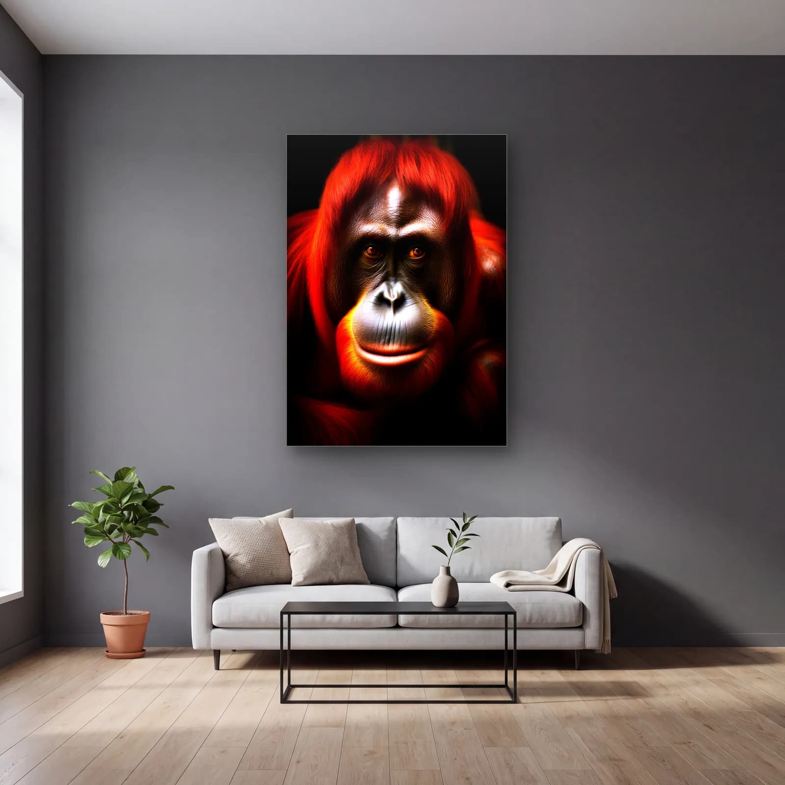 Ateş Kızılı Orangutan cam tablo — gri duvarlı salonda
