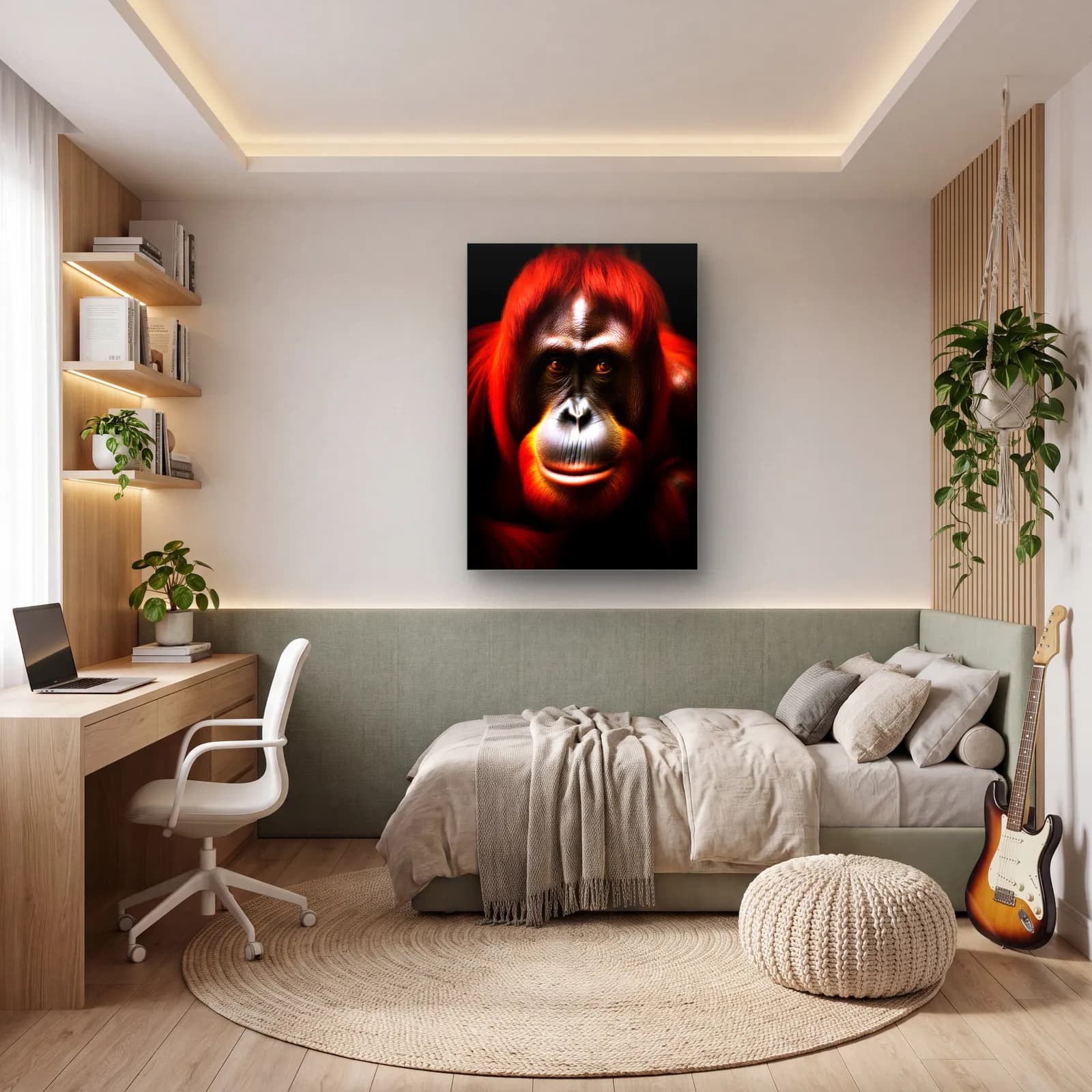 Ateş Kızılı Orangutan cam tablo — genç odasında