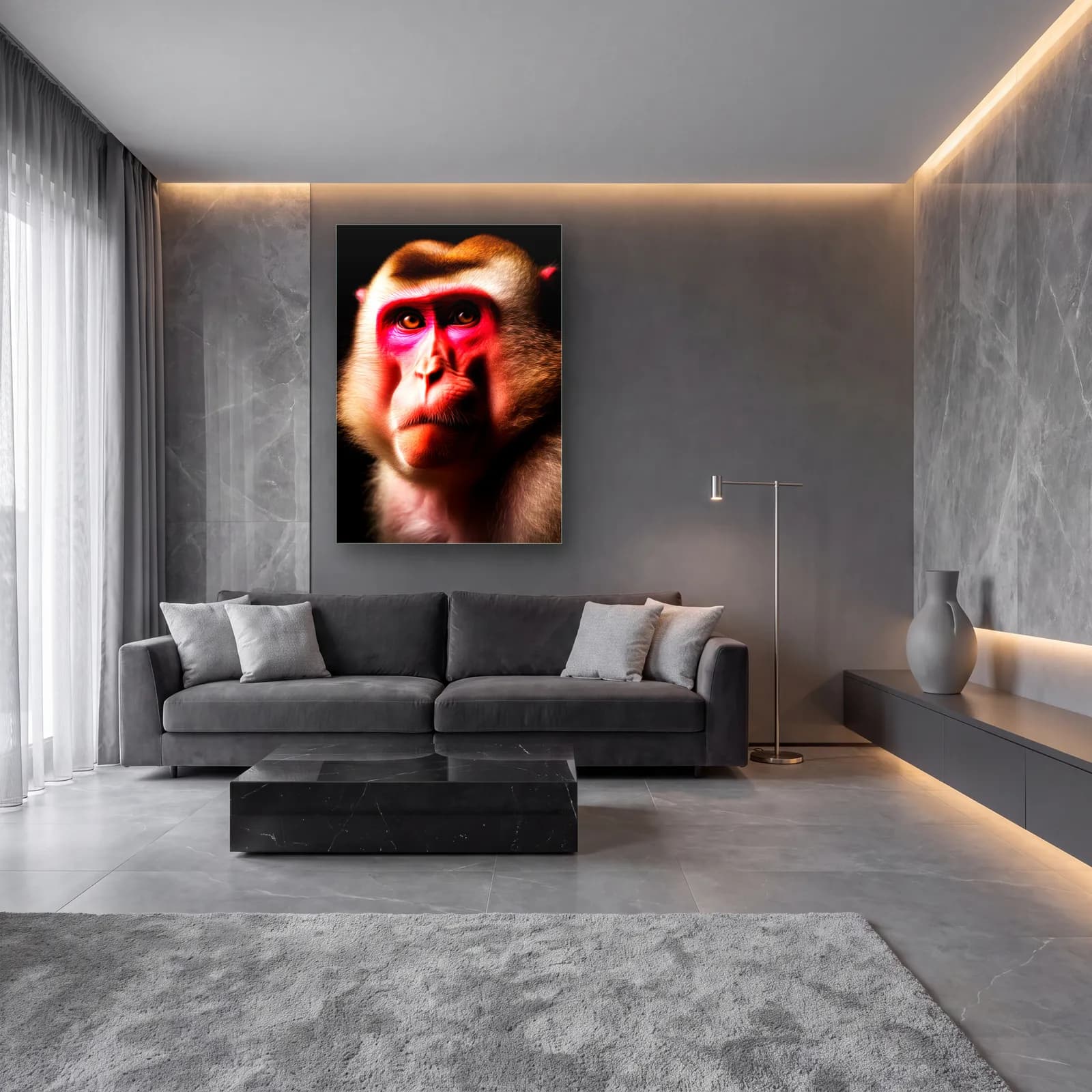Kırmızı Maskeli Makak cam tablo — lüks salon duvarında