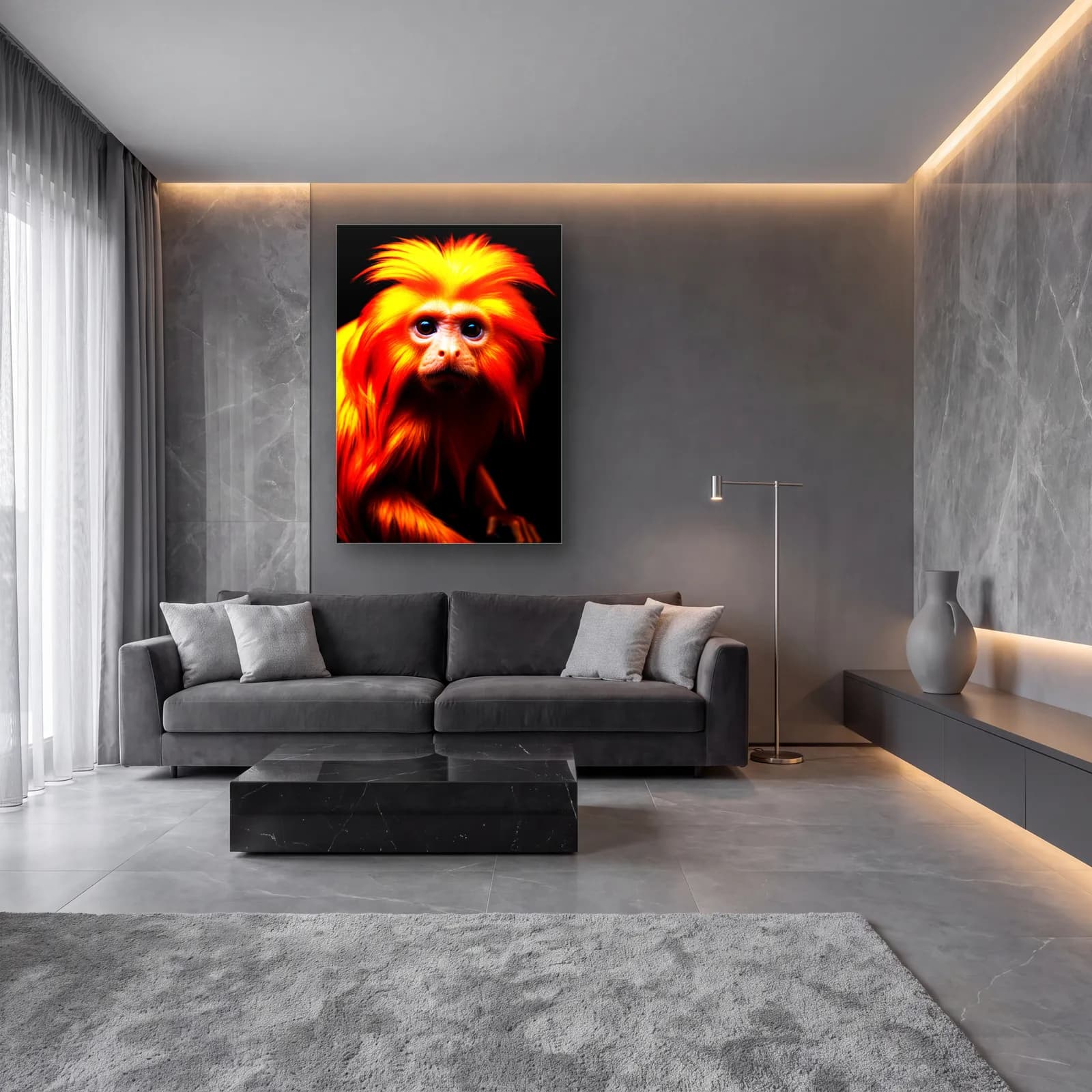 Alev Yeleli Tamarin cam tablo — lüks salon duvarında