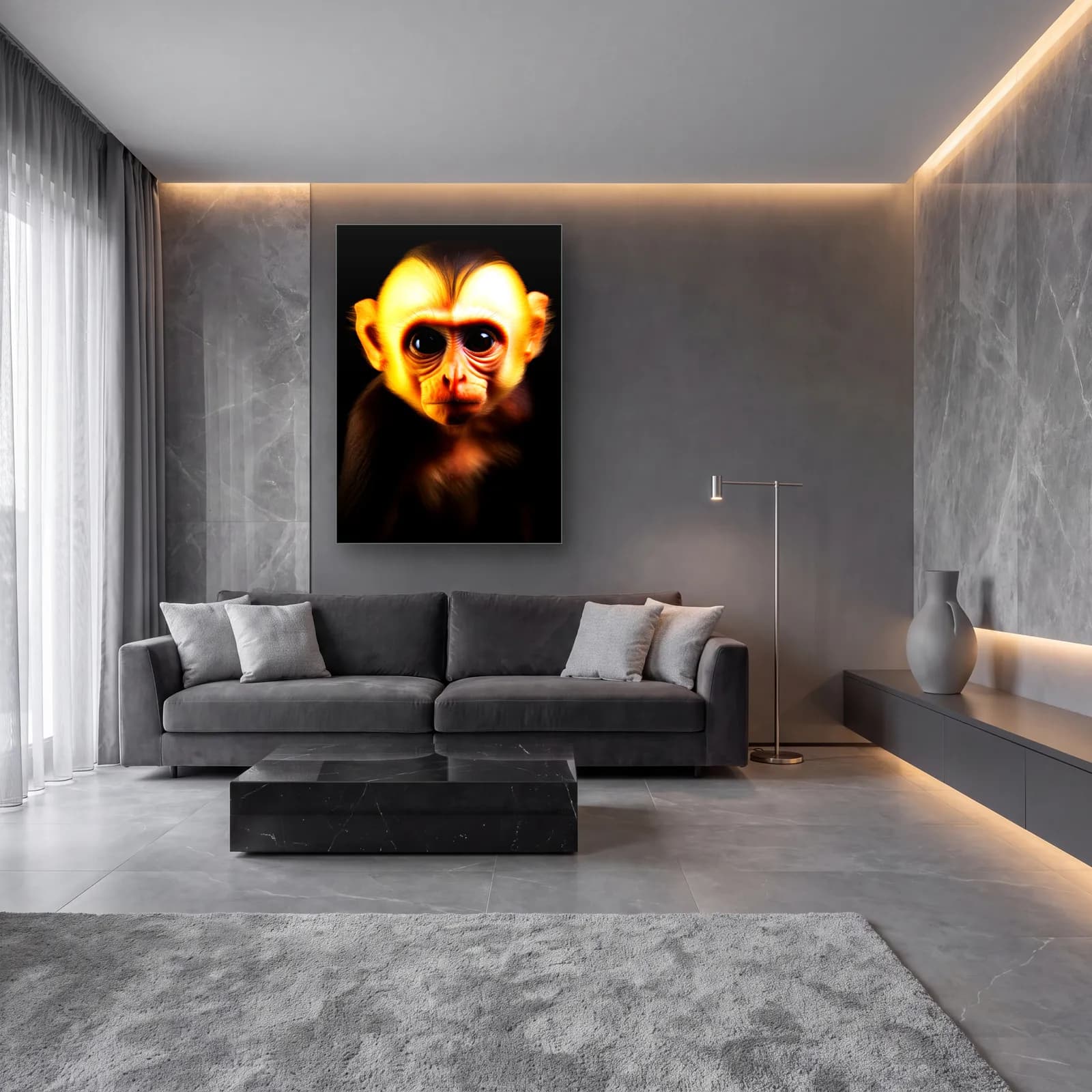 Sarı Yavru Maymun cam tablo — lüks salon duvarında
