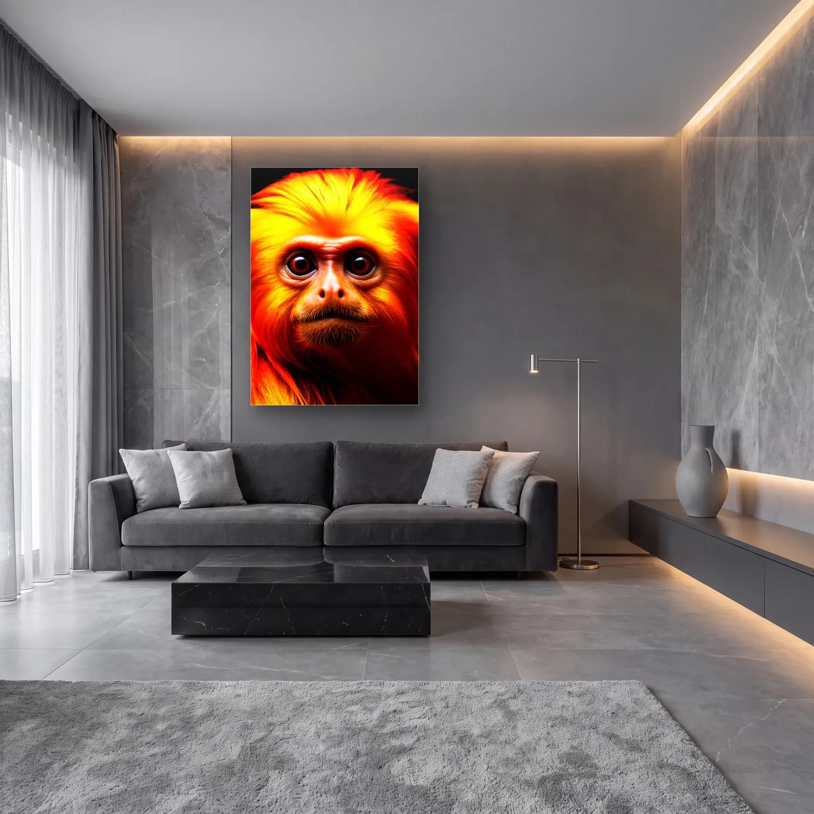 Turuncu Yeleli Tamarin cam tablo — lüks salon duvarında