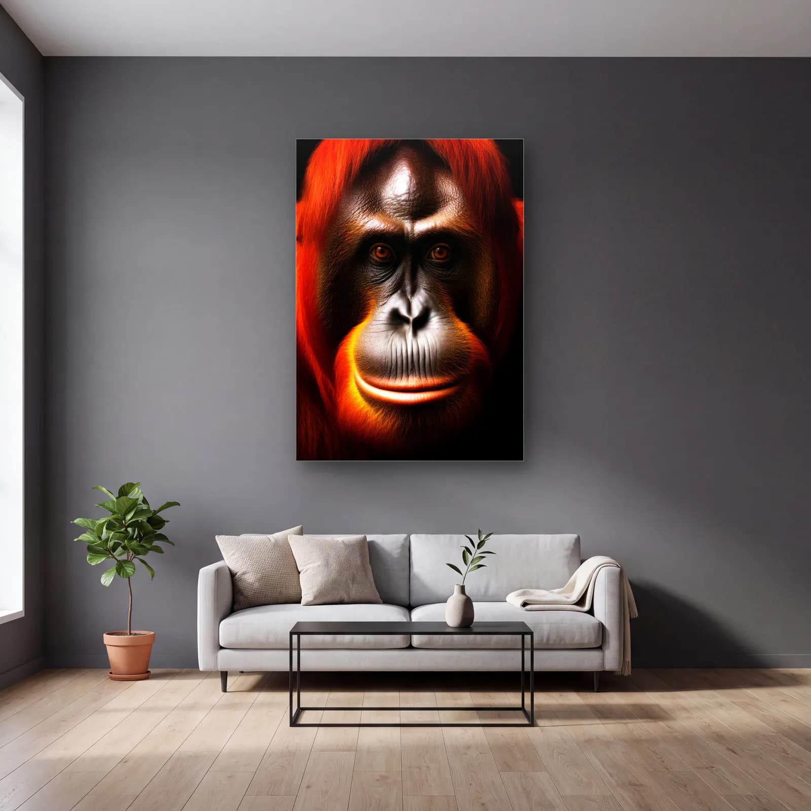 Turuncu Orangutan Yakın Plan cam tablo — gri duvarlı salonda