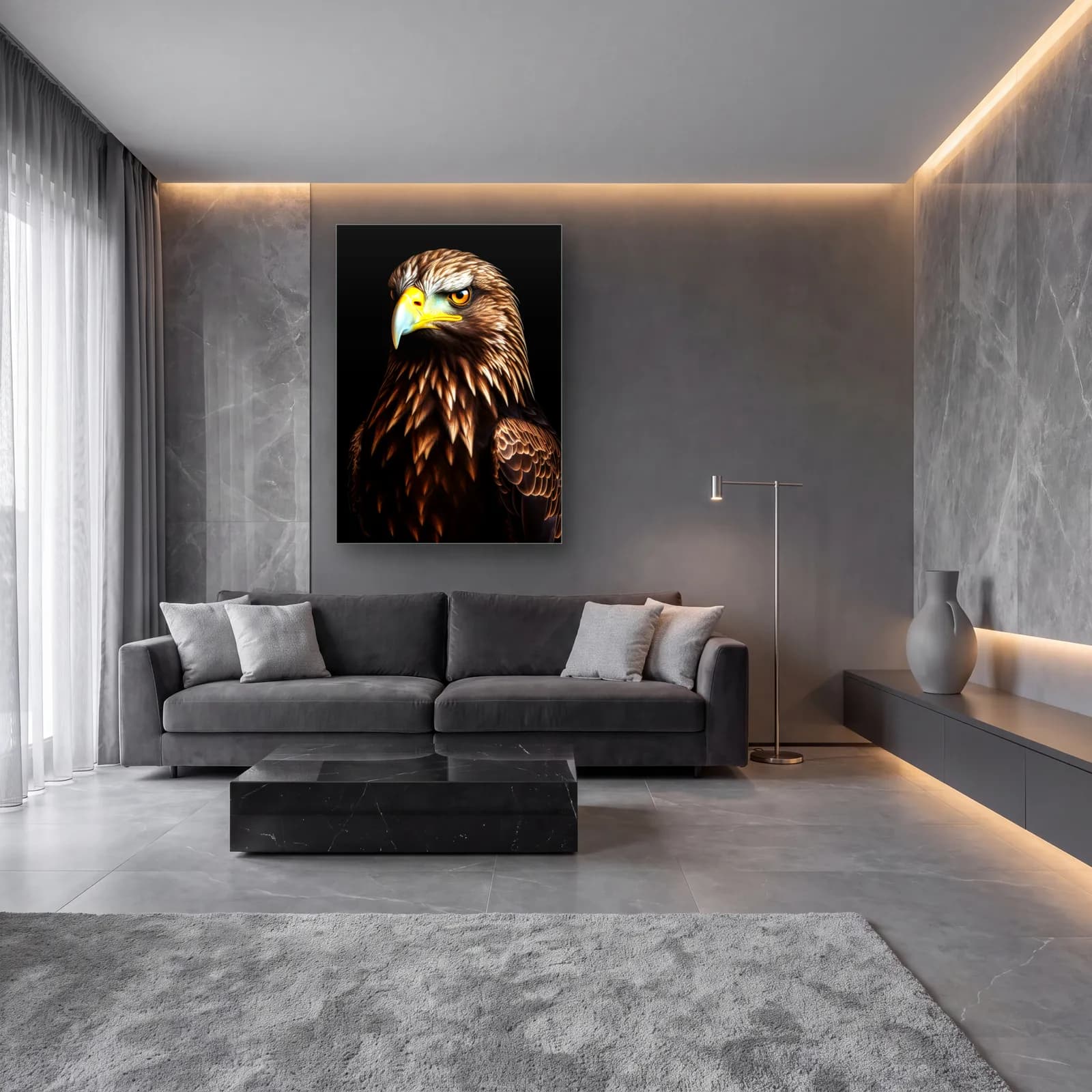 Kahverengi Kartal cam tablo — lüks salon duvarında