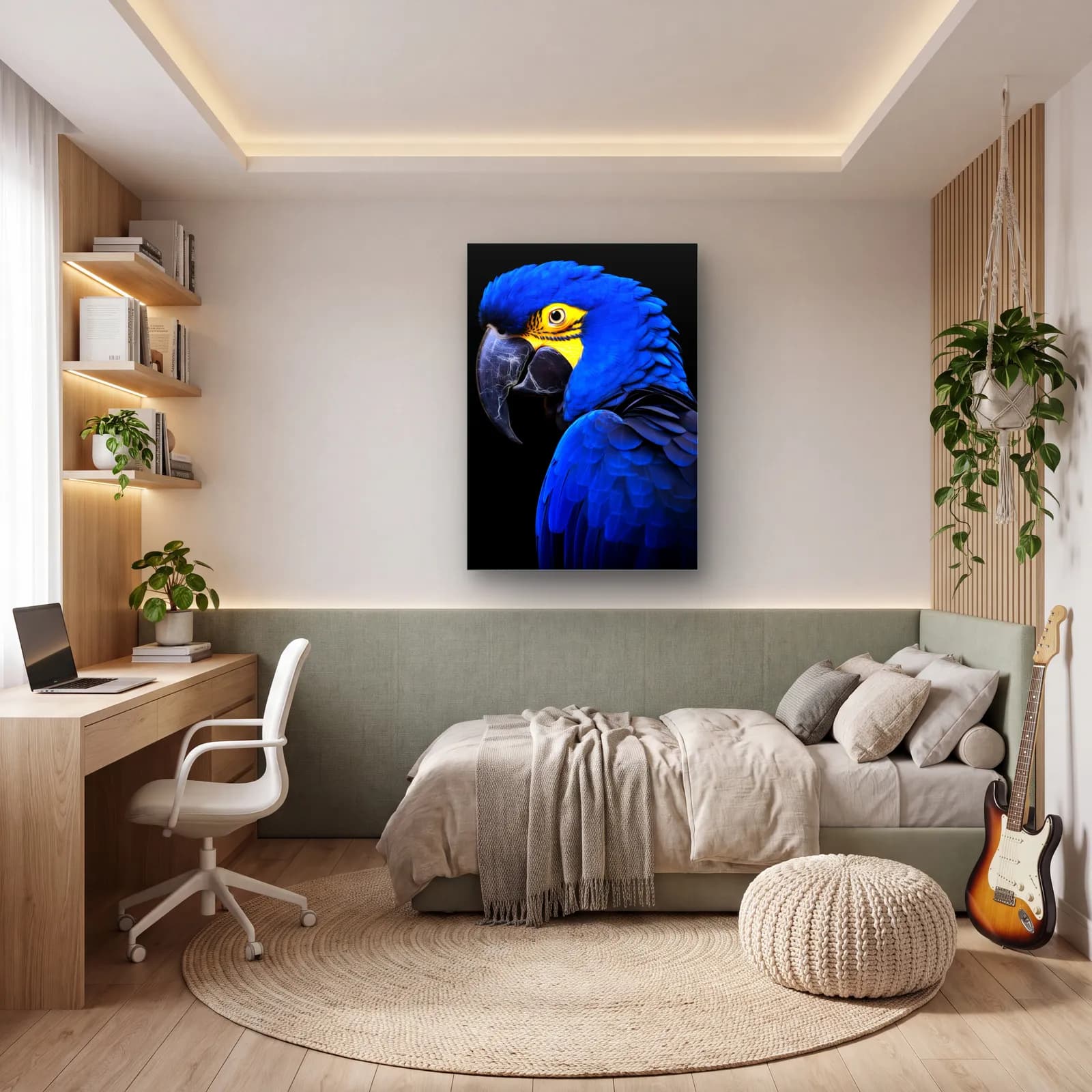 Mavi Ara Papağanı cam tablo — genç odasında