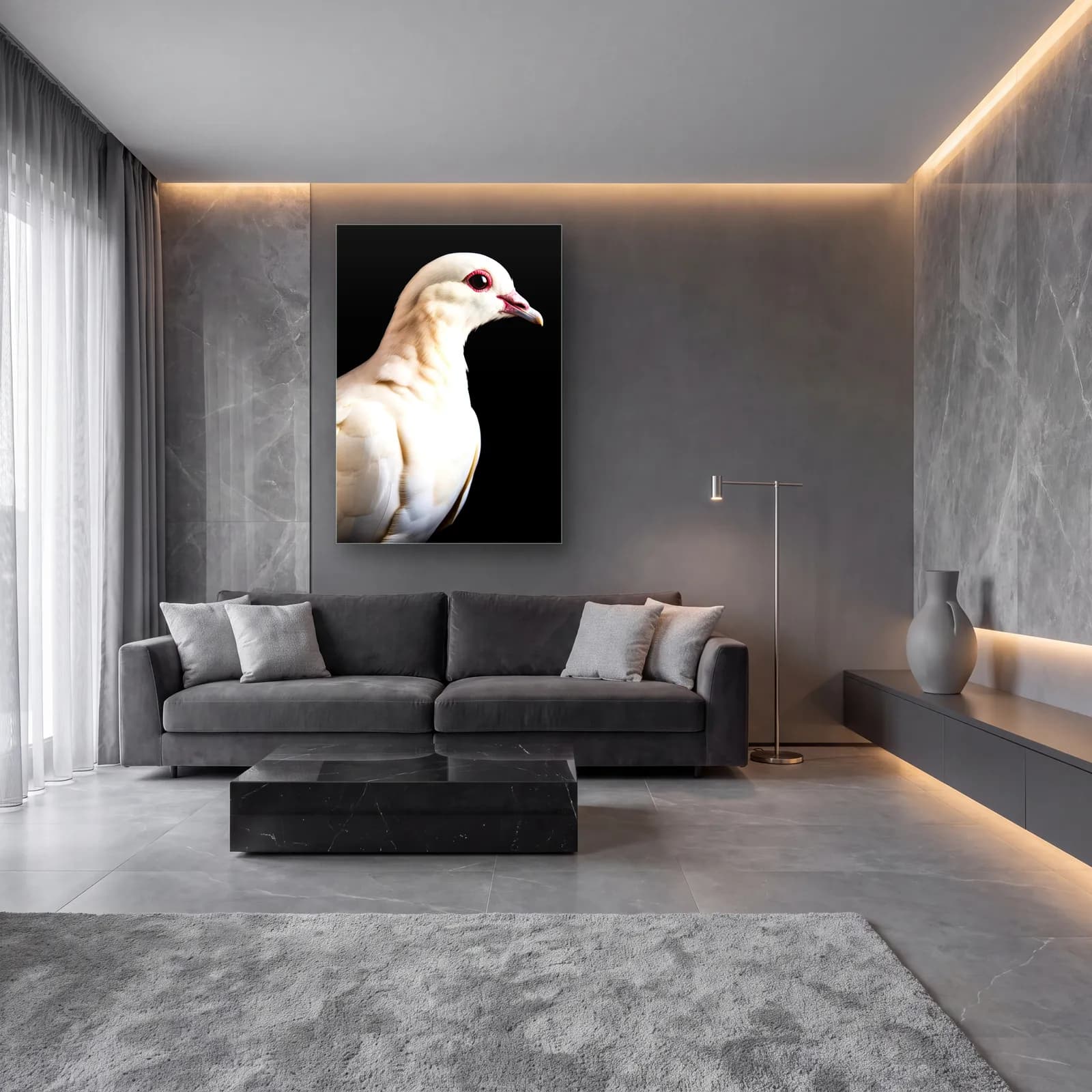 Beyaz Güvercin cam tablo — lüks salon duvarında