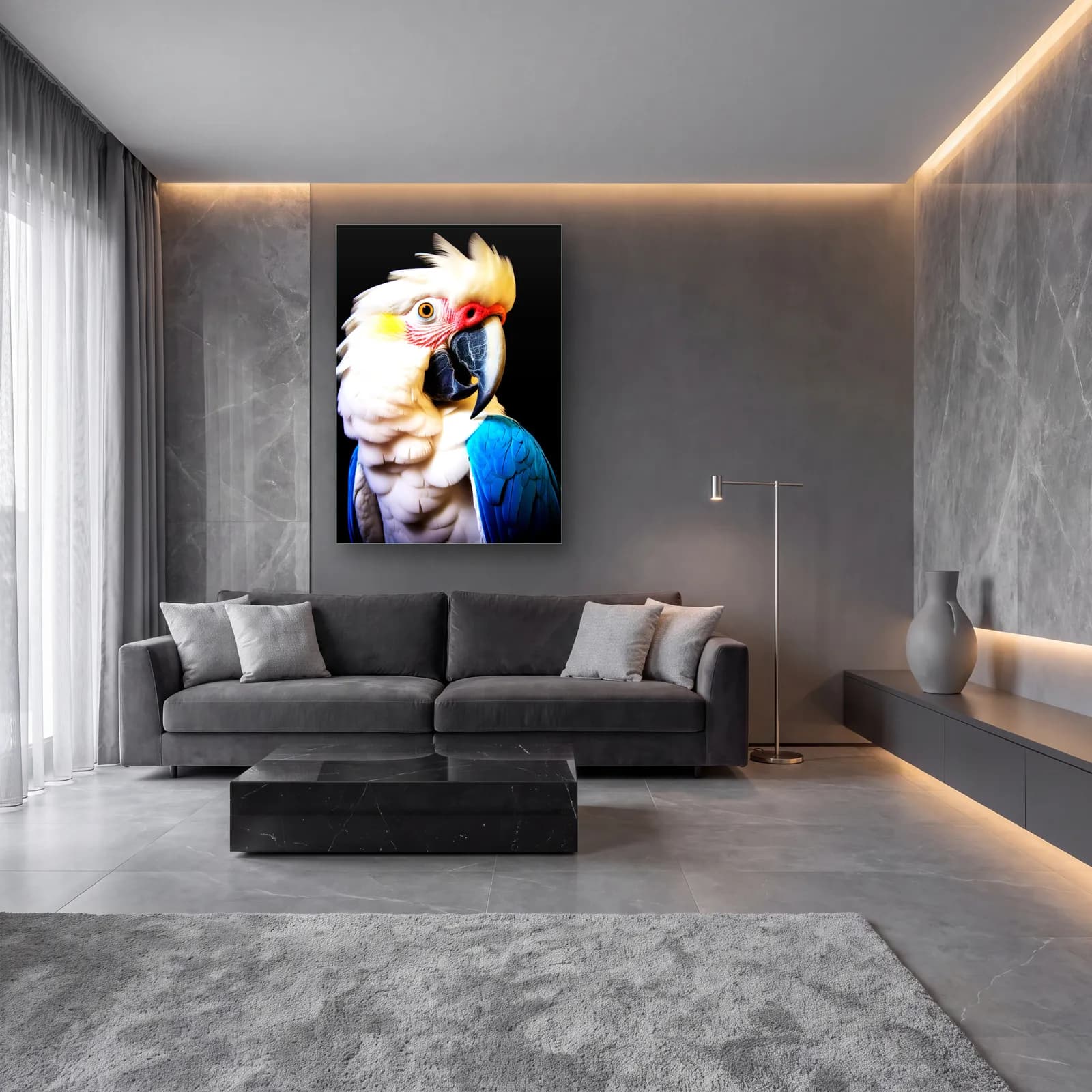 Beyaz Kakadu cam tablo — lüks salon duvarında