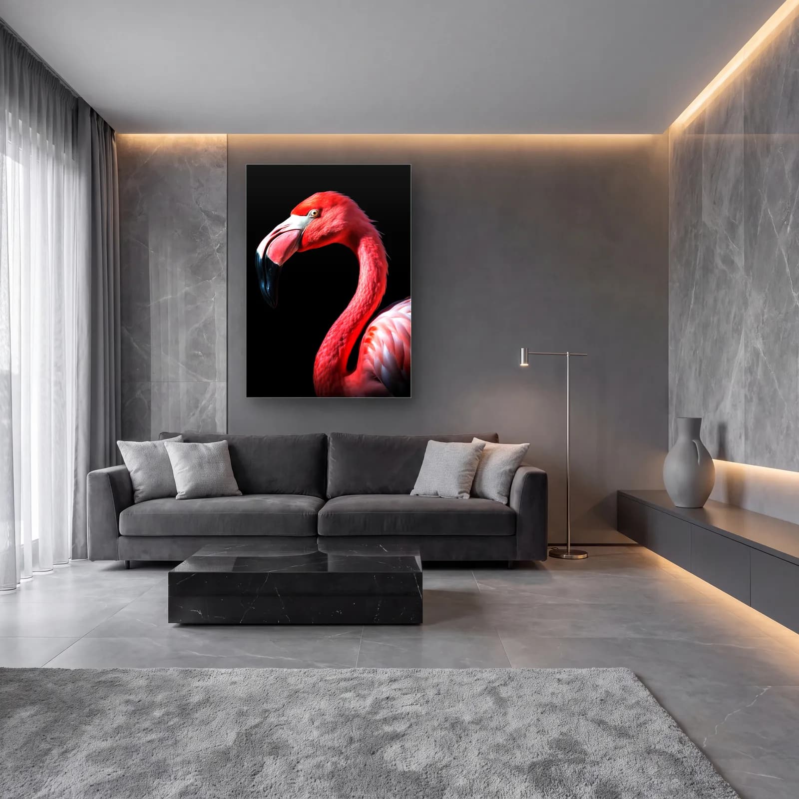 Pembe Flamingo cam tablo — lüks salon duvarında