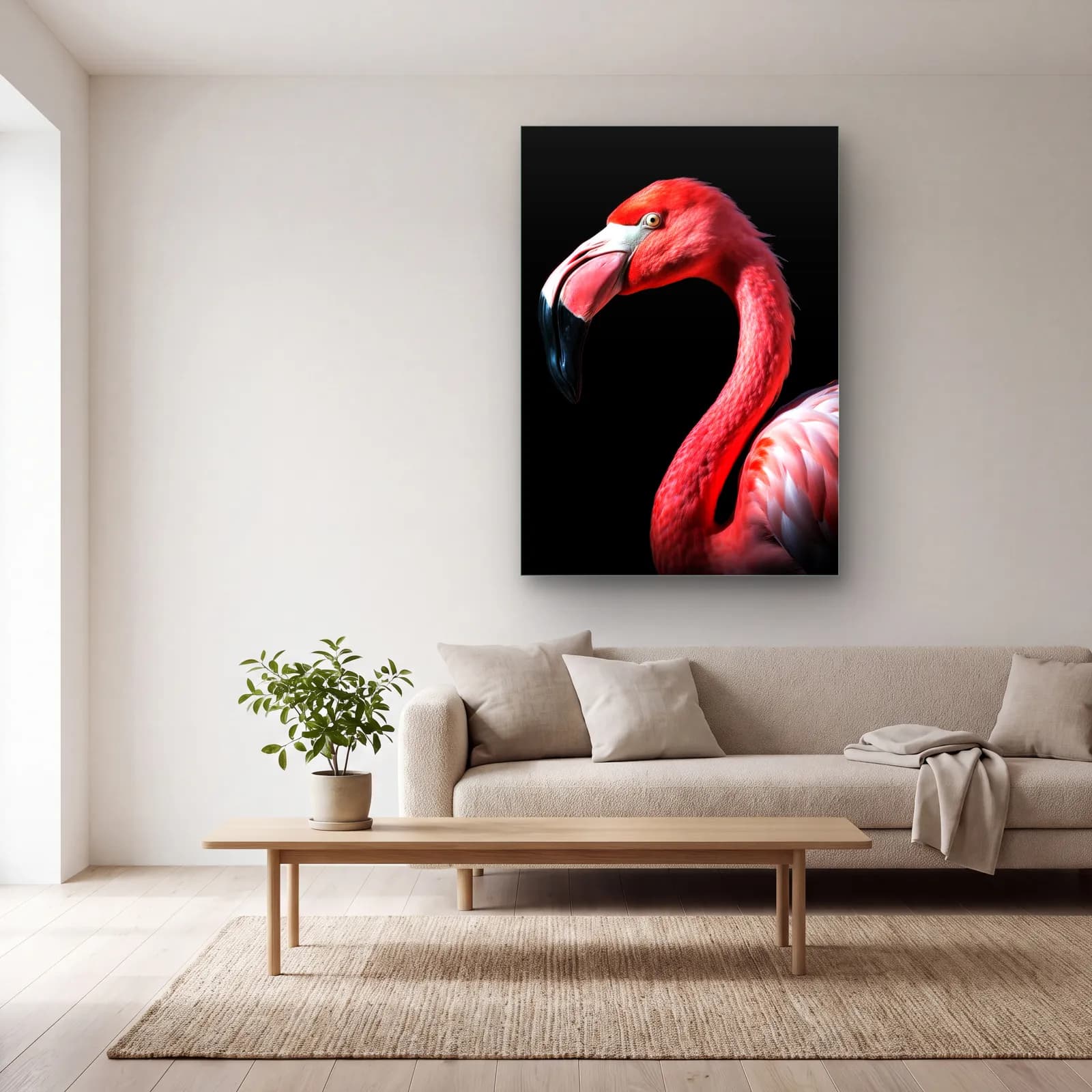 Pembe Flamingo cam tablo — açık renk salonda