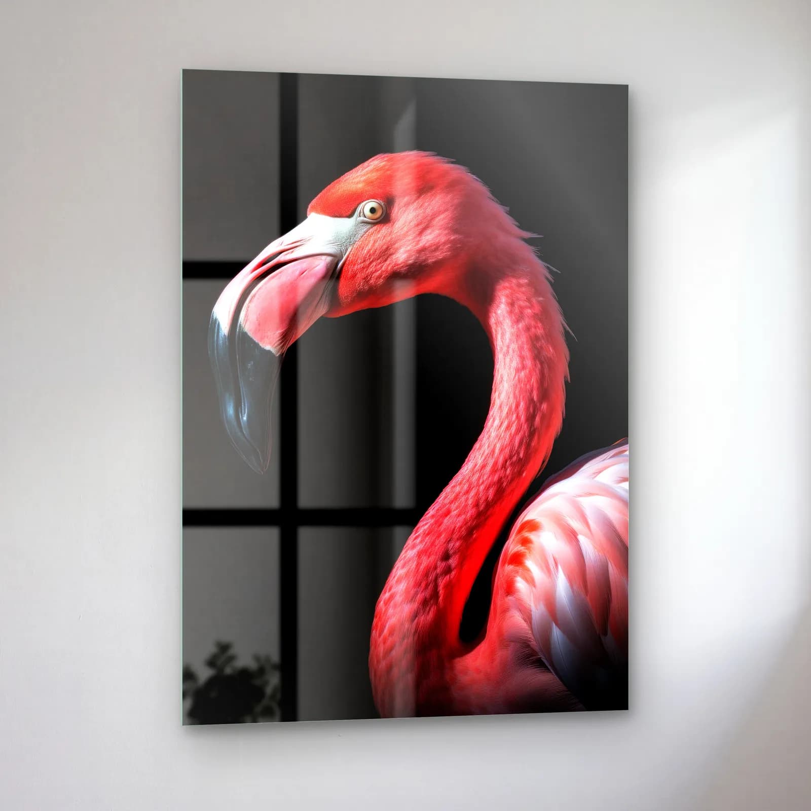 Pembe Flamingo cam tablo — sol açıdan görünüm