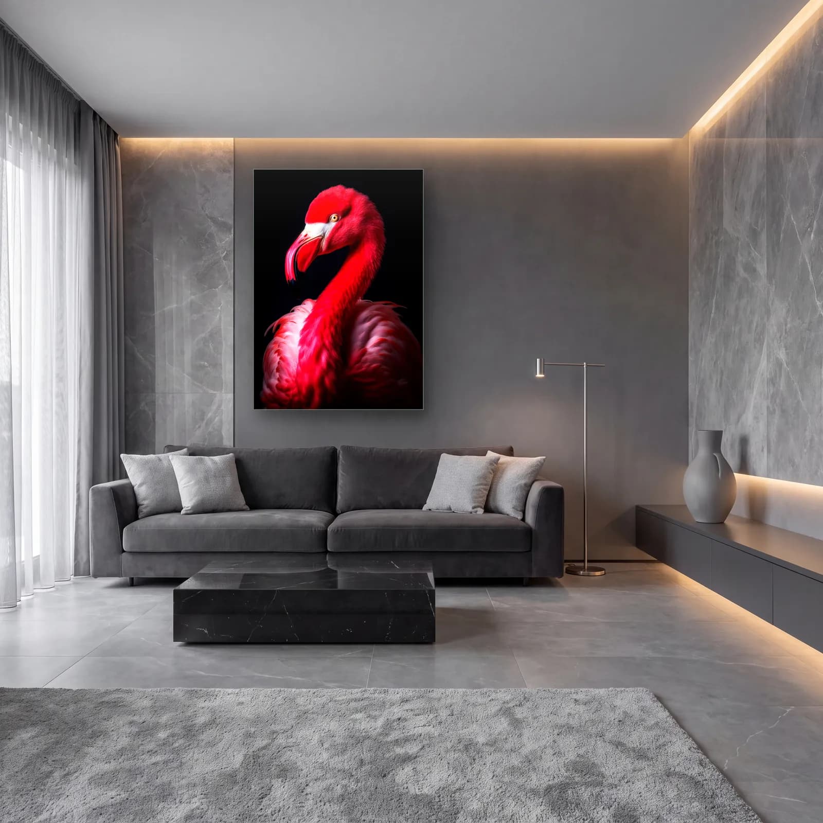 Kırmızı Flamingo cam tablo — lüks salon duvarında