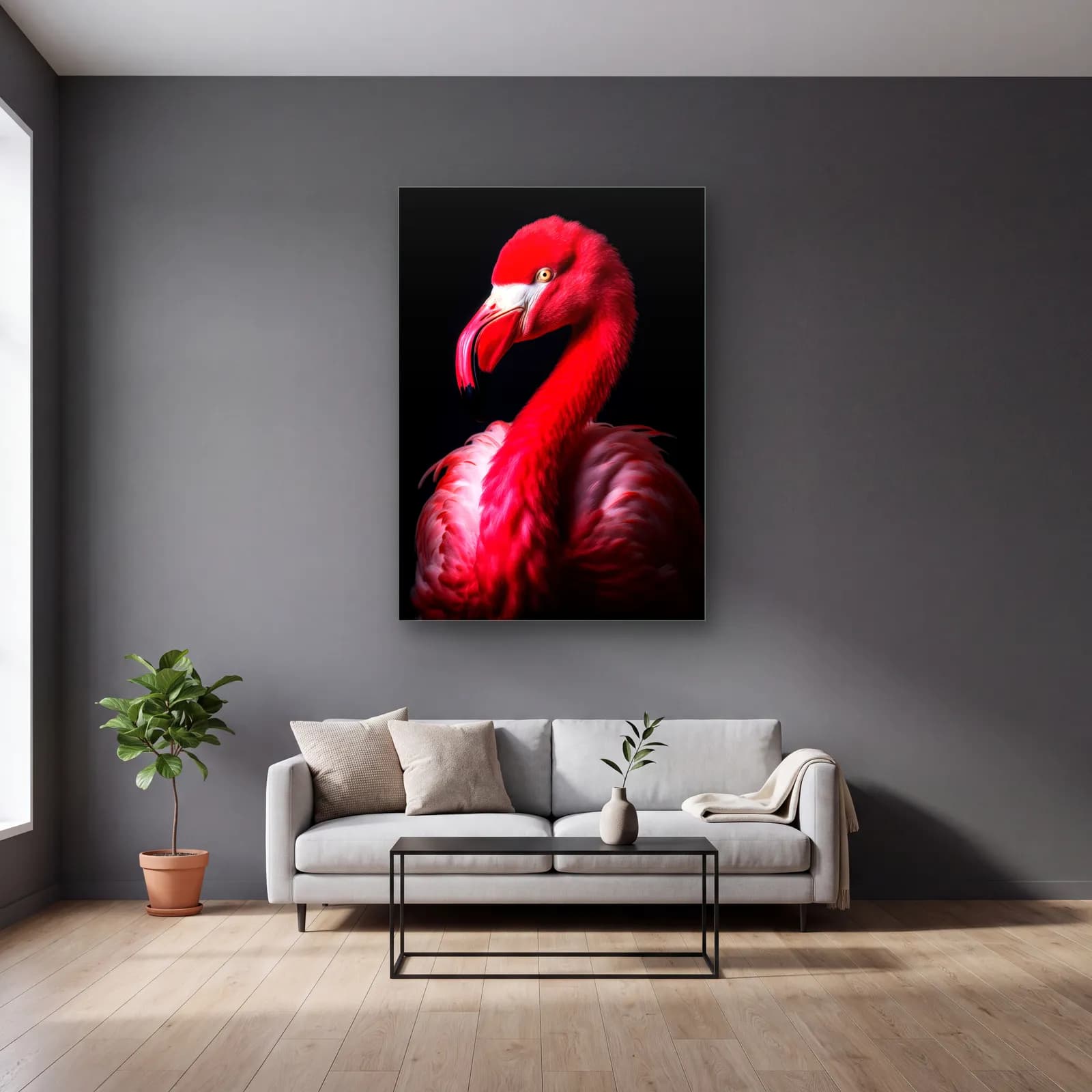 Kırmızı Flamingo cam tablo — gri duvarlı salonda