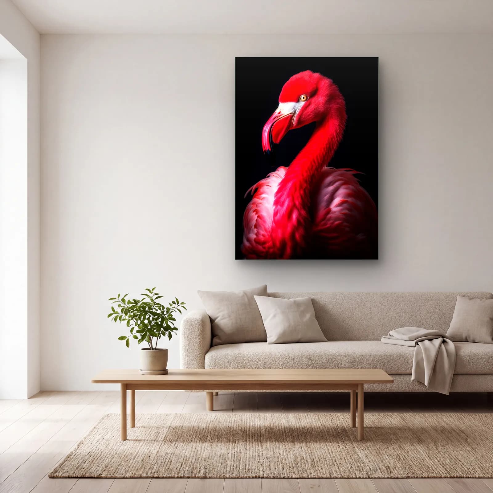 Kırmızı Flamingo cam tablo — açık renk salonda