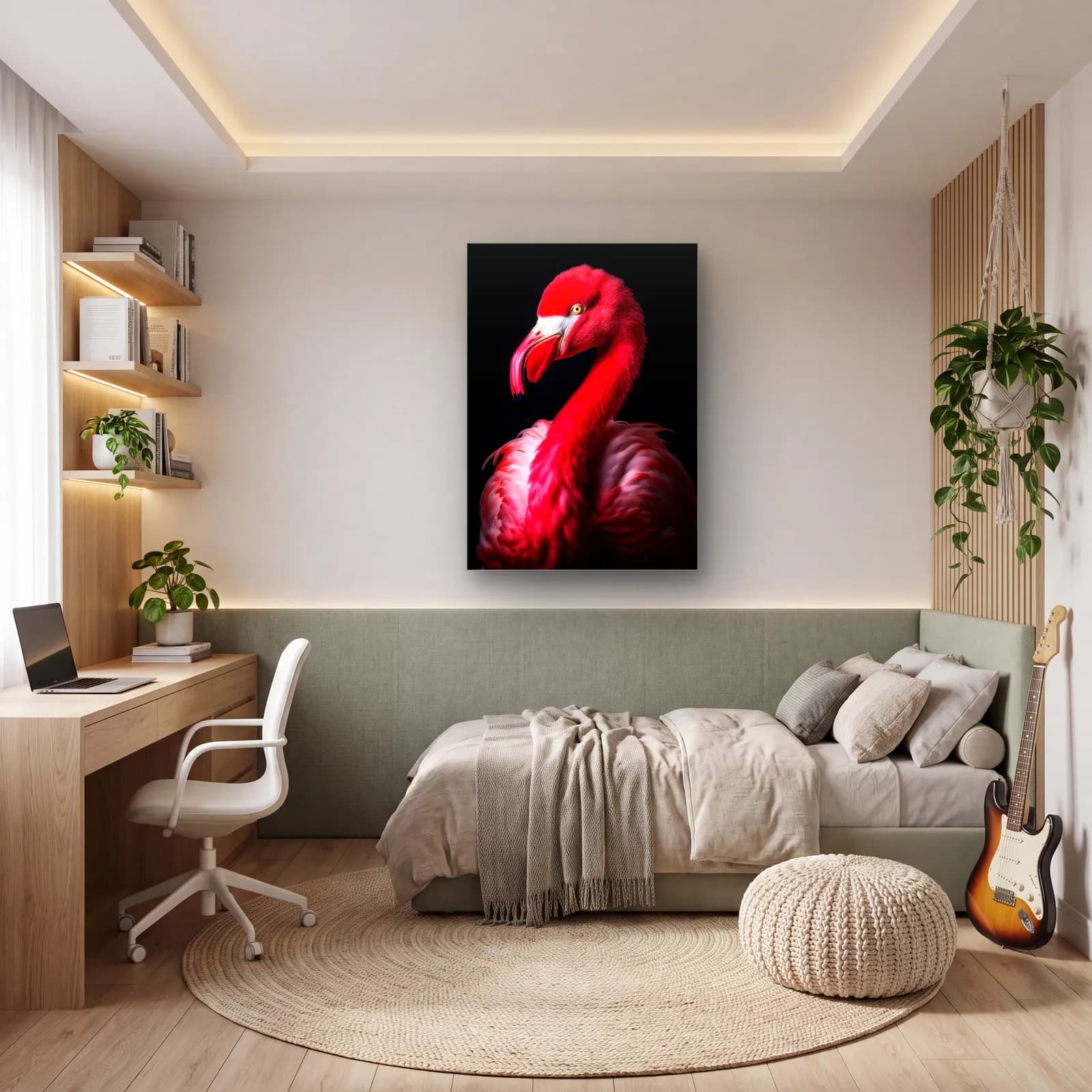 Kırmızı Flamingo cam tablo — genç odasında