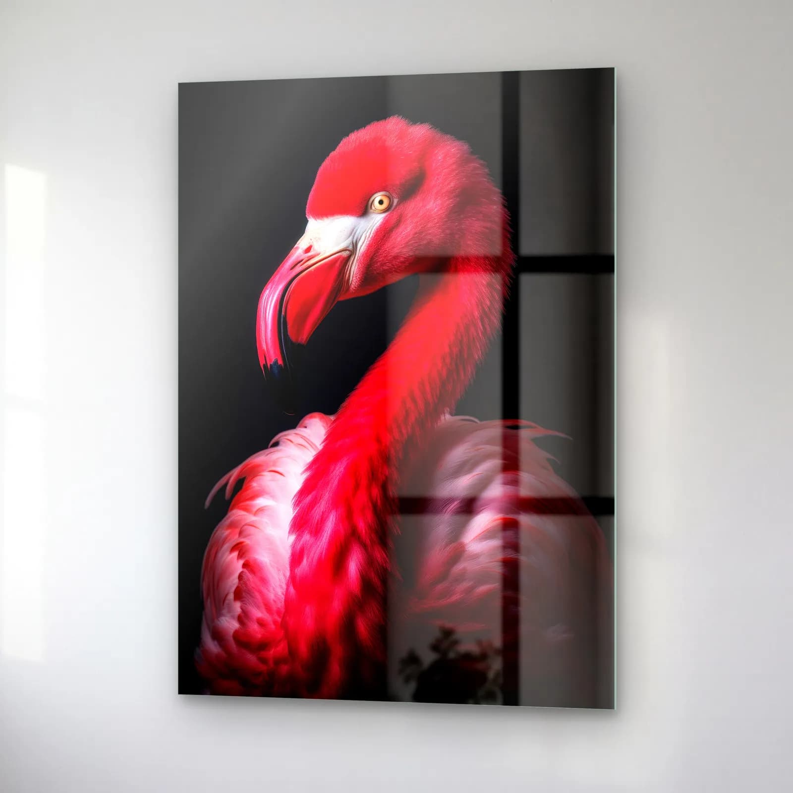 Kırmızı Flamingo cam tablo — sağ açıdan görünüm