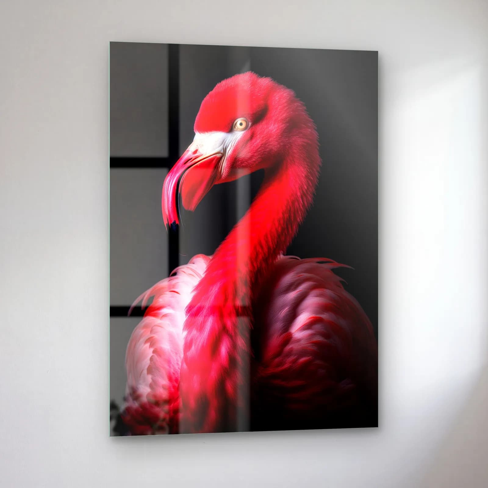 Kırmızı Flamingo cam tablo — sol açıdan görünüm