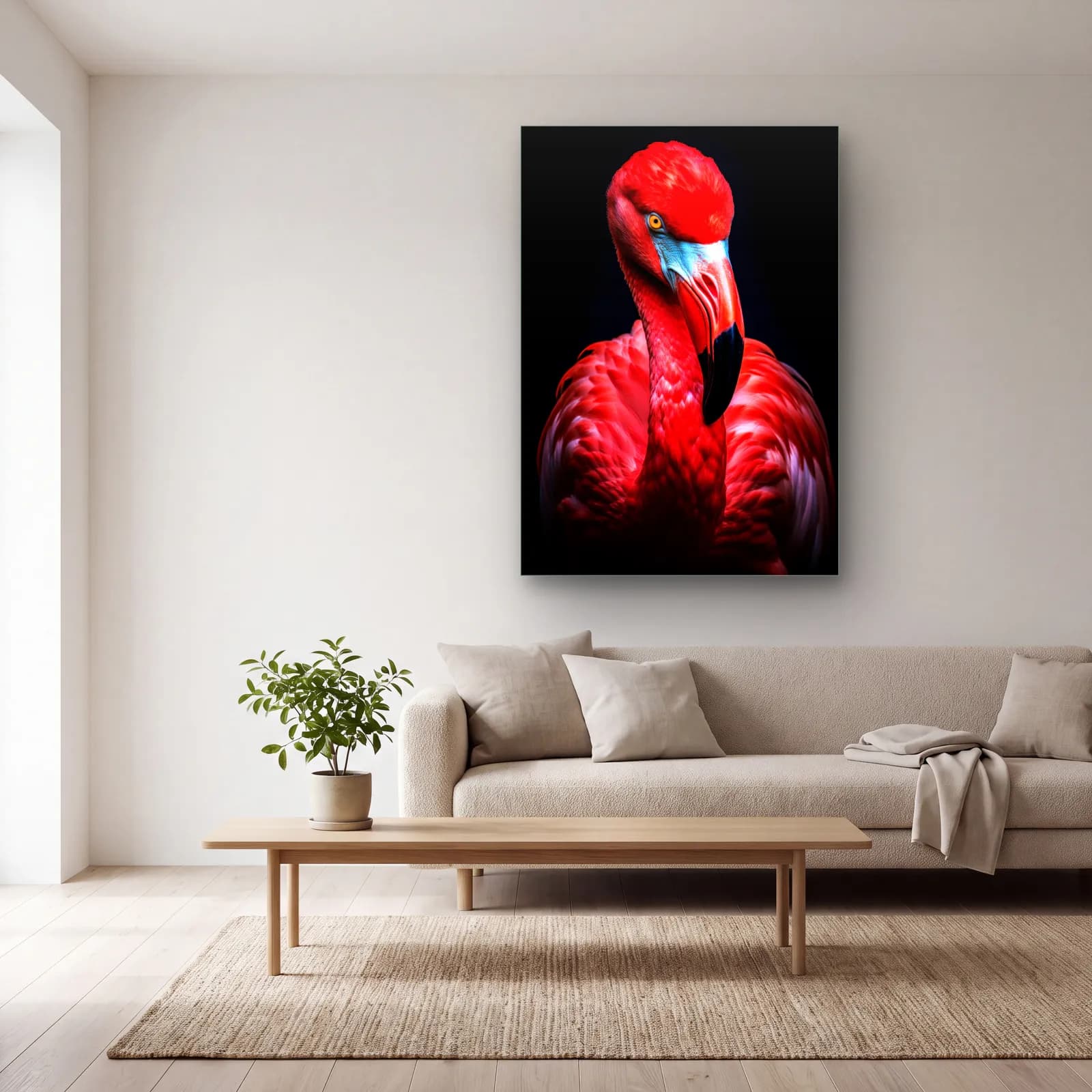 Kırmızı Flamingo Portresi cam tablo — açık renk salonda
