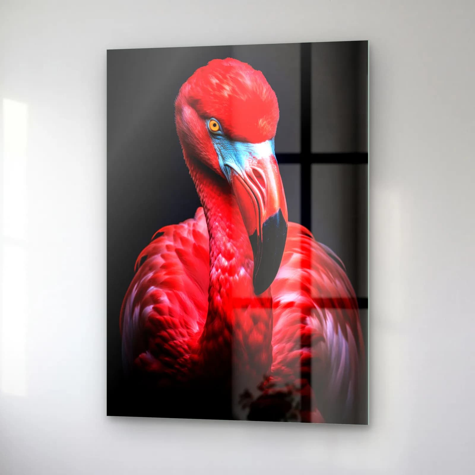 Kırmızı Flamingo Portresi cam tablo — sağ açıdan görünüm
