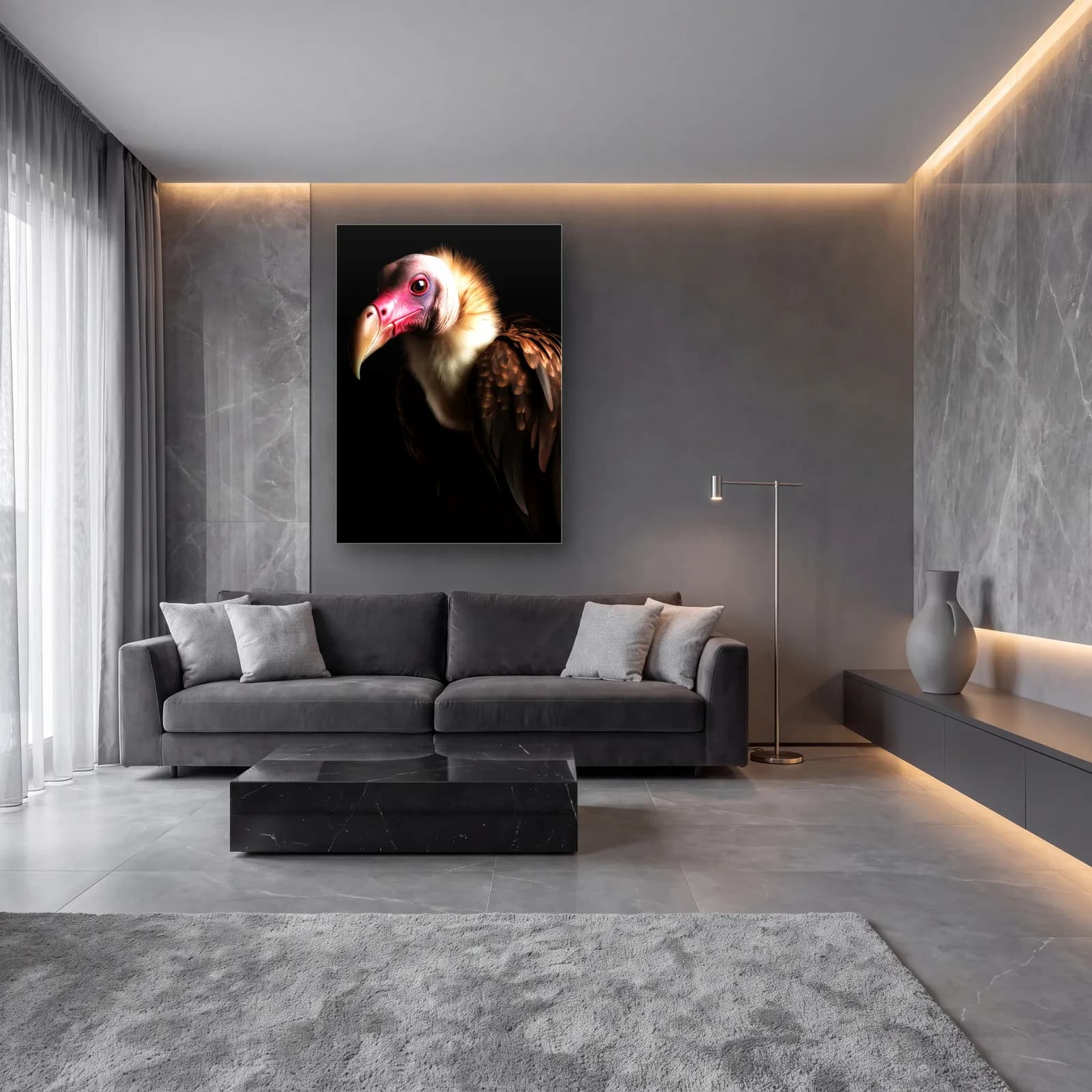 Akbaba Portresi cam tablo — lüks salon duvarında