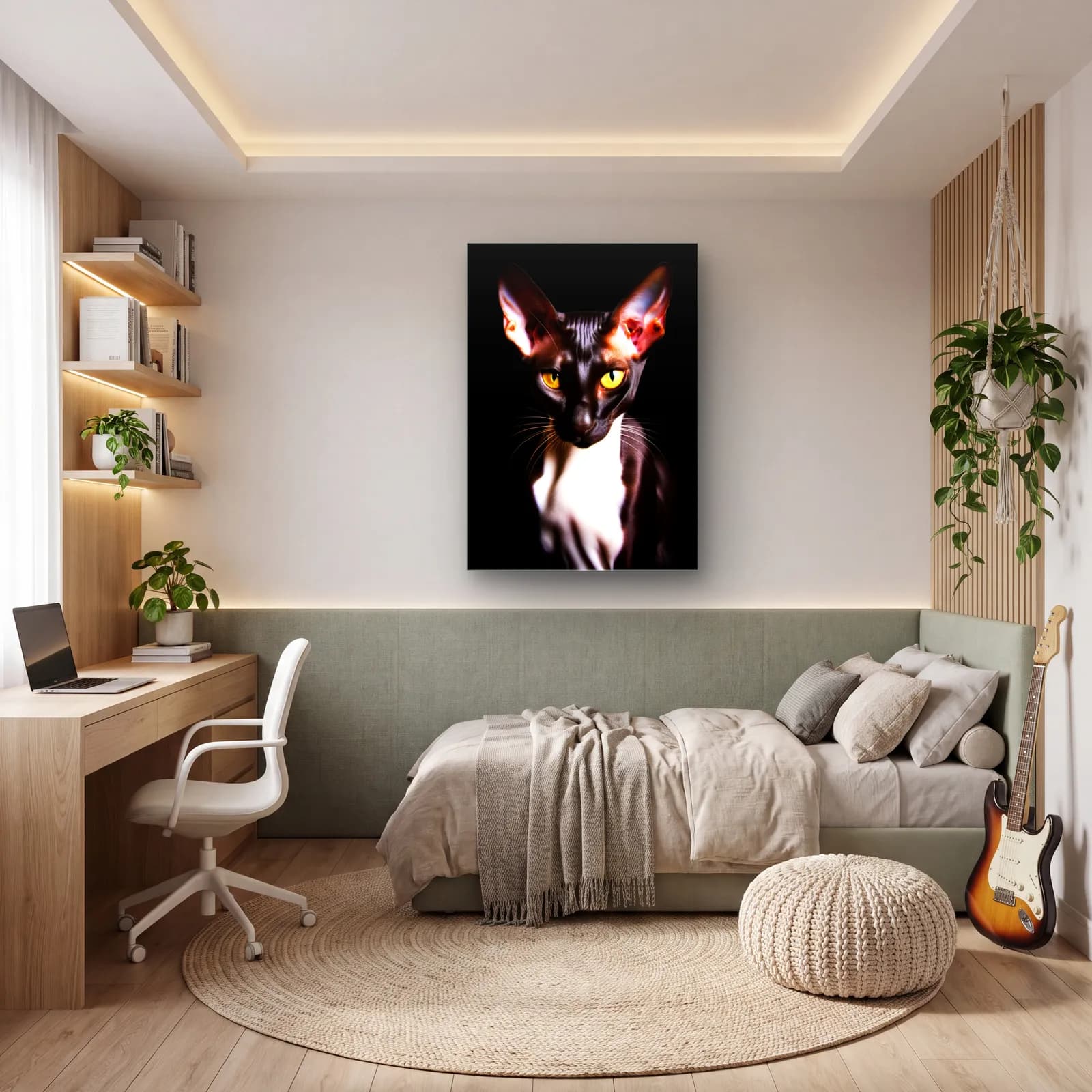 Siyah Beyaz Kedi Portresi cam tablo — genç odasında
