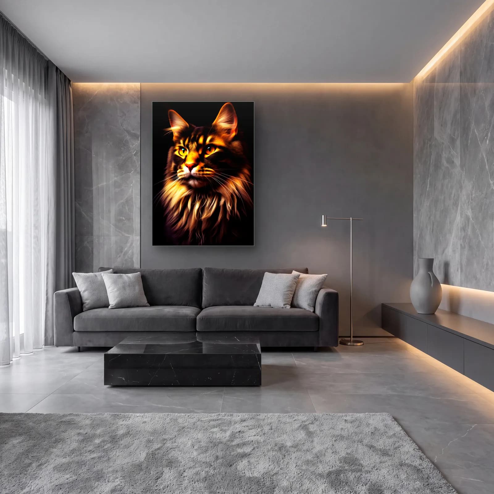Maine Coon Kedi Portresi cam tablo — lüks salon duvarında