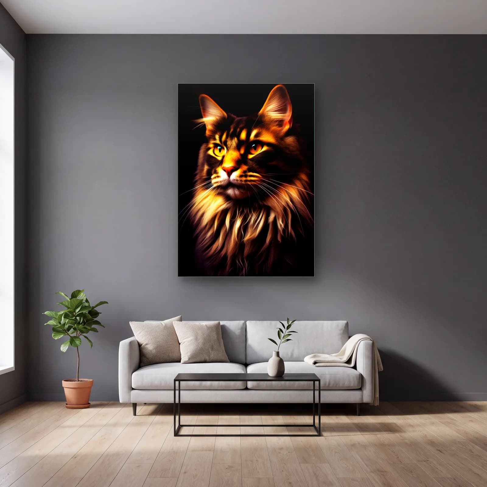 Maine Coon Kedi Portresi cam tablo — gri duvarlı salonda