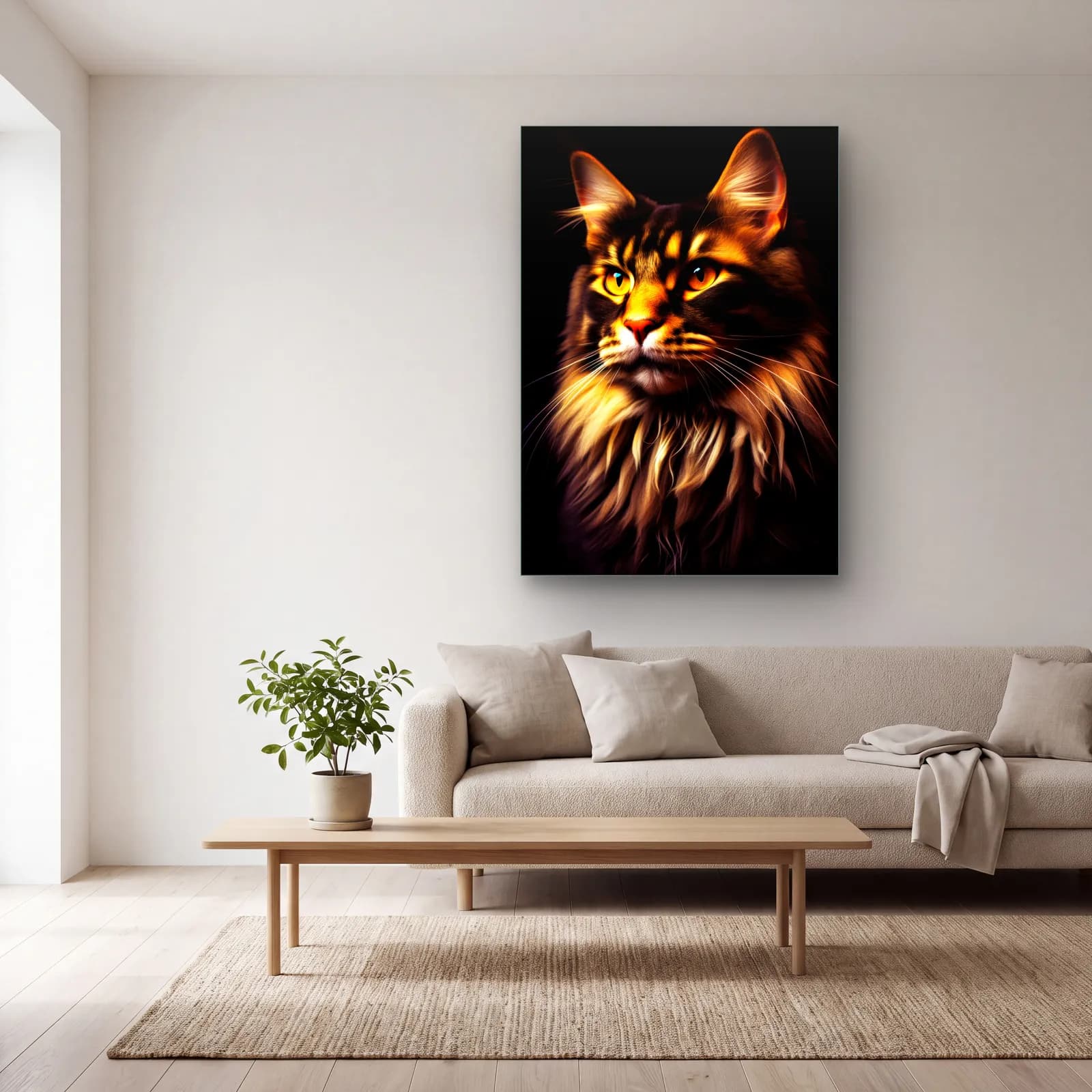 Maine Coon Kedi Portresi cam tablo — açık renk salonda
