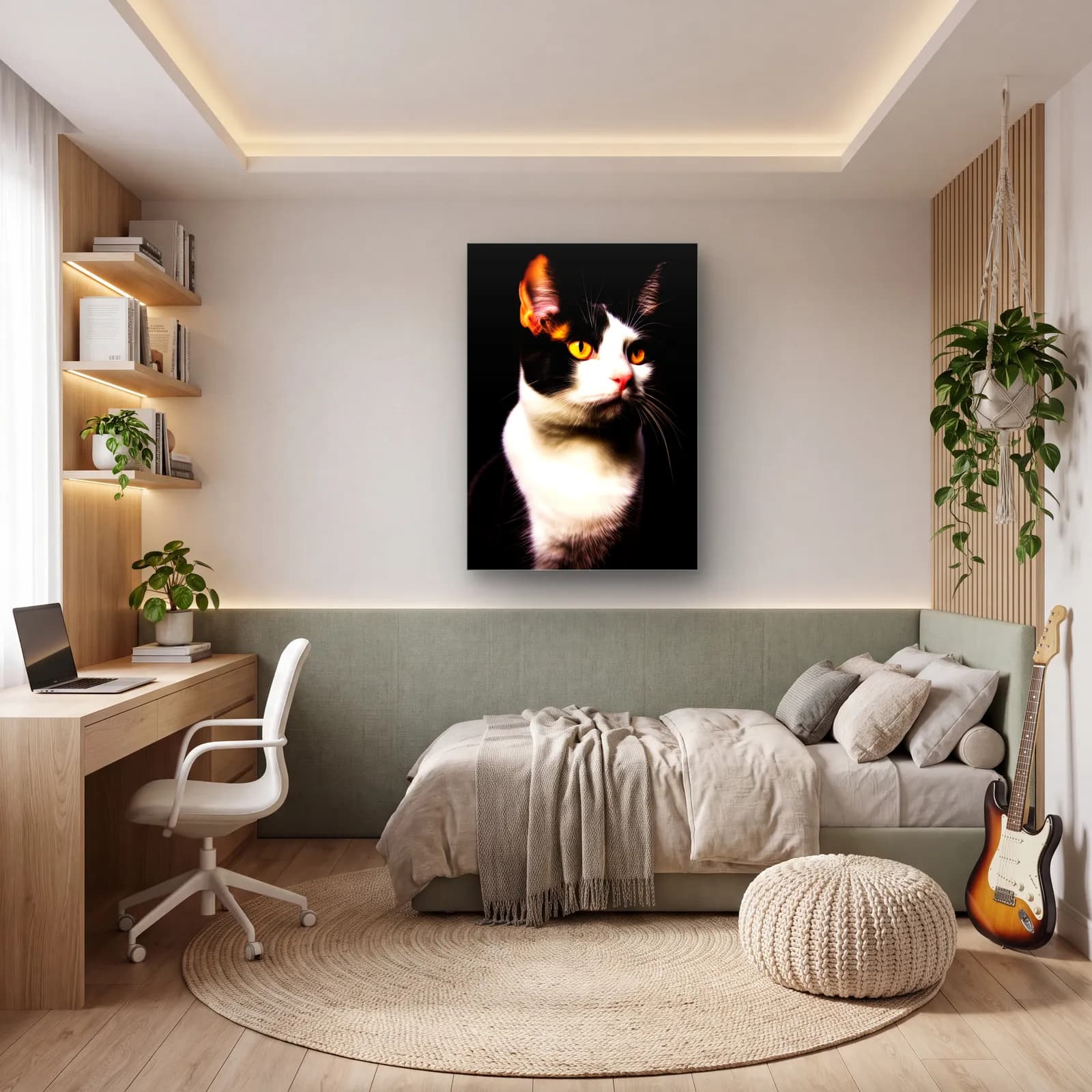 Oturan Siyah Beyaz Kedi cam tablo — genç odasında