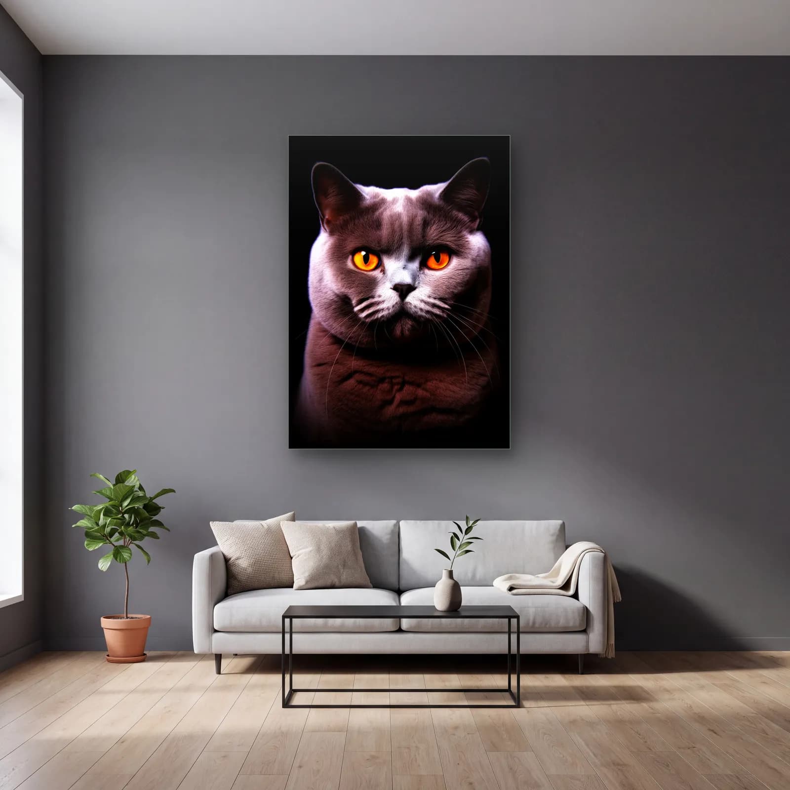 British Shorthair Kedi cam tablo — gri duvarlı salonda