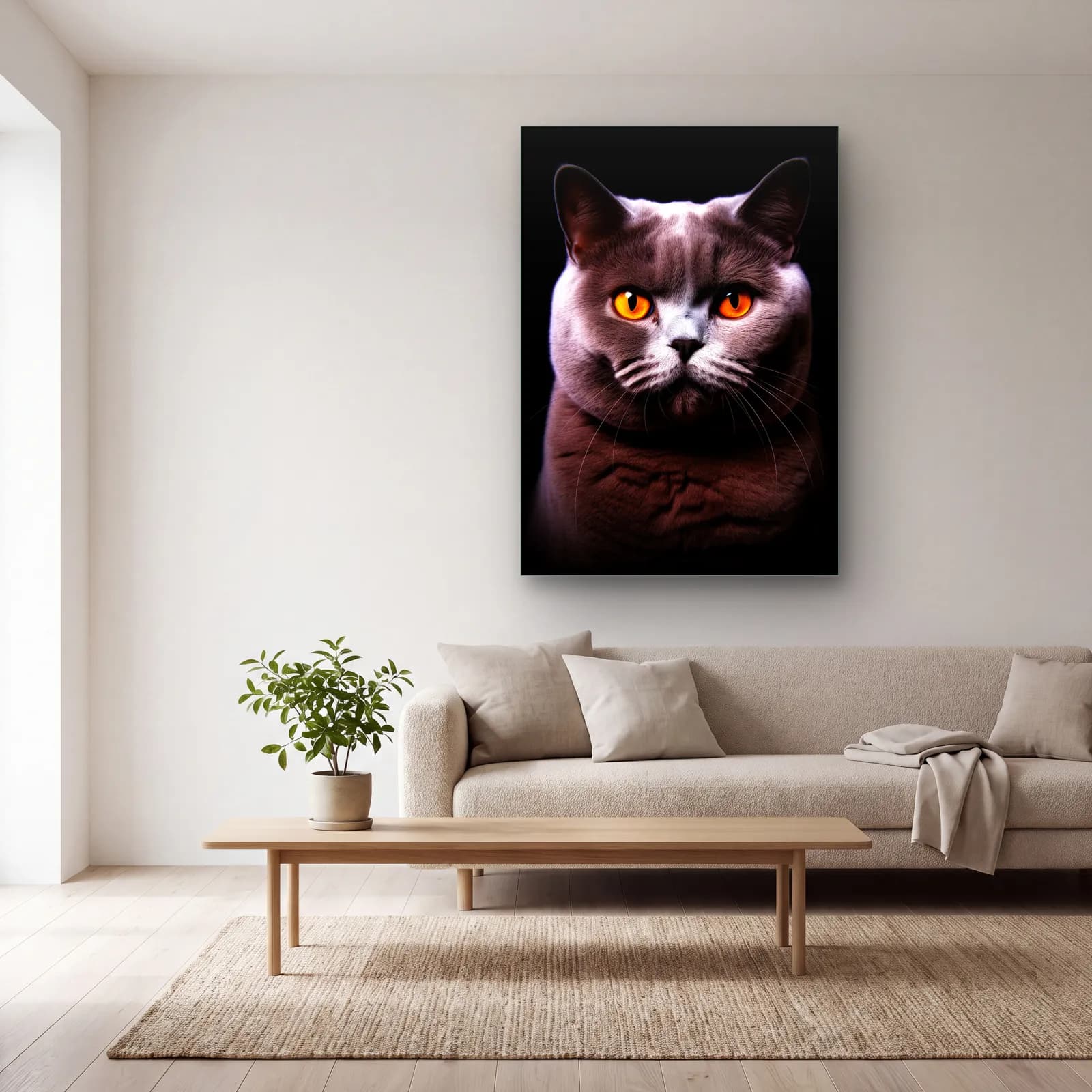 British Shorthair Kedi cam tablo — açık renk salonda