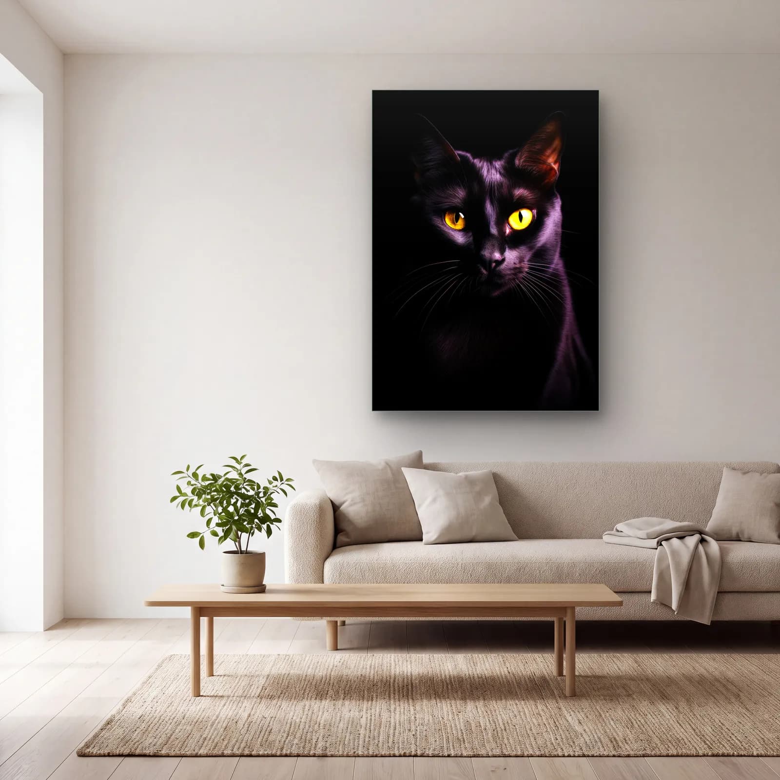 Siyah Kedi Portresi cam tablo — açık renk salonda