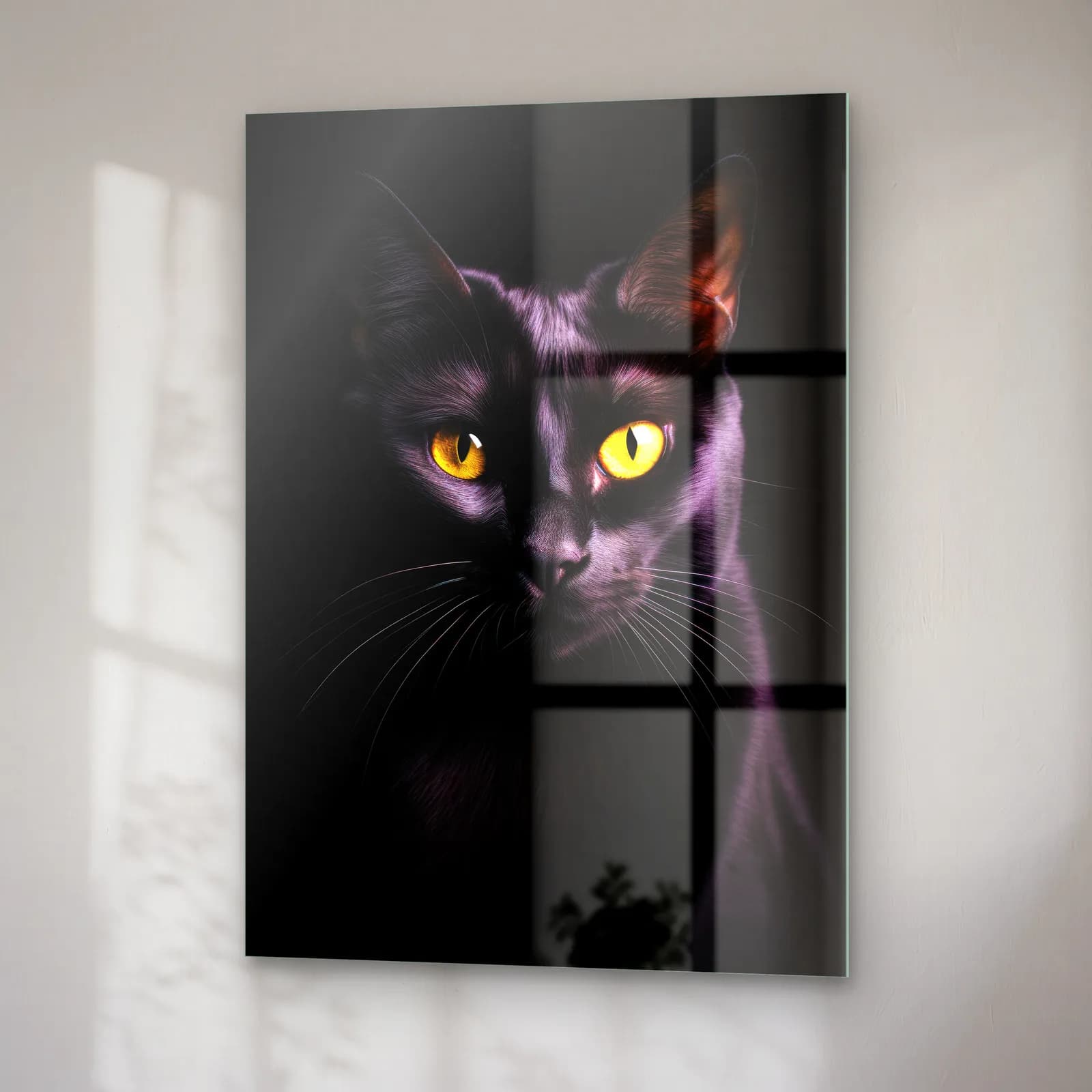Siyah Kedi Portresi cam tablo — sağ açıdan görünüm
