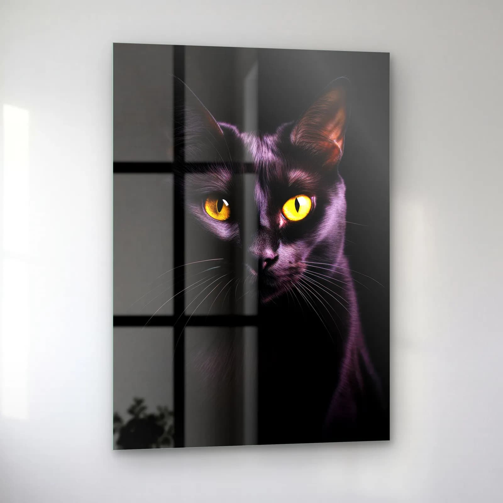 Siyah Kedi Portresi cam tablo — sol açıdan görünüm