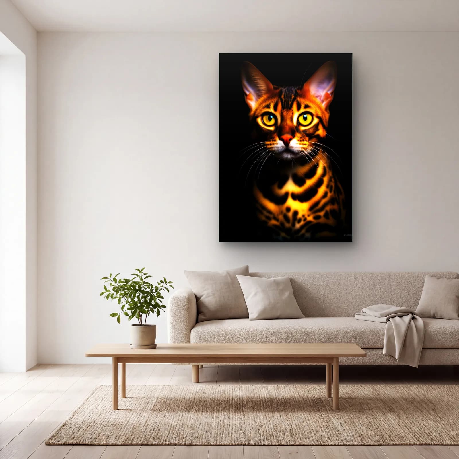 Bengal Kedi Portresi cam tablo — açık renk salonda