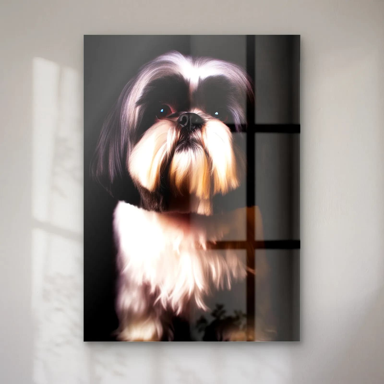 Shih Tzu Köpek Portresi cam tablo — Siyah fonda uzun tüylü Shih Tzu köpek