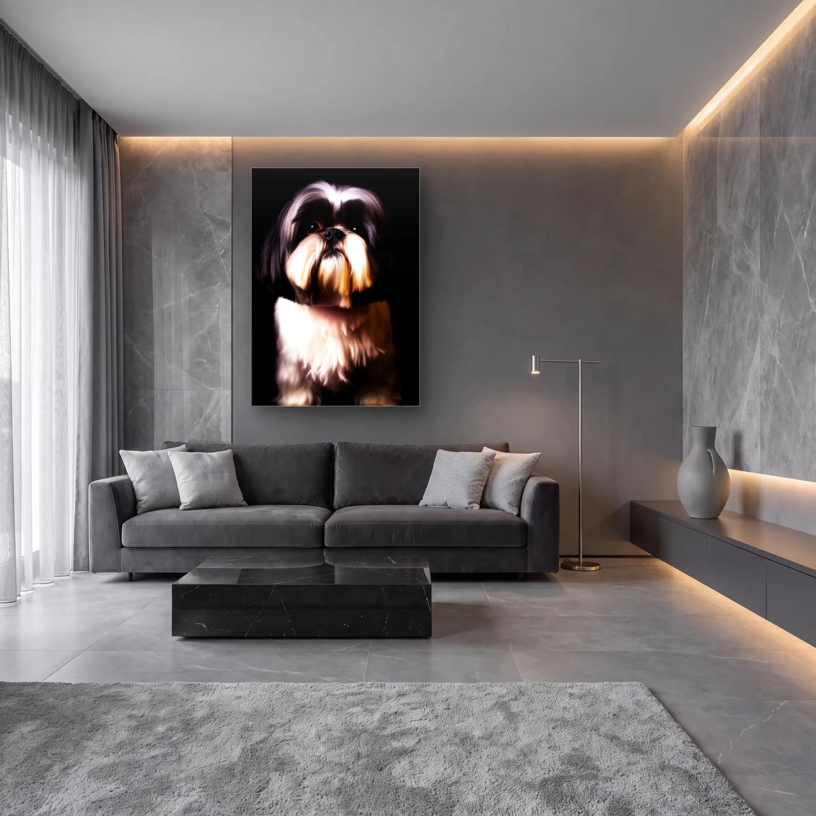 Shih Tzu Köpek Portresi cam tablo — lüks salon duvarında