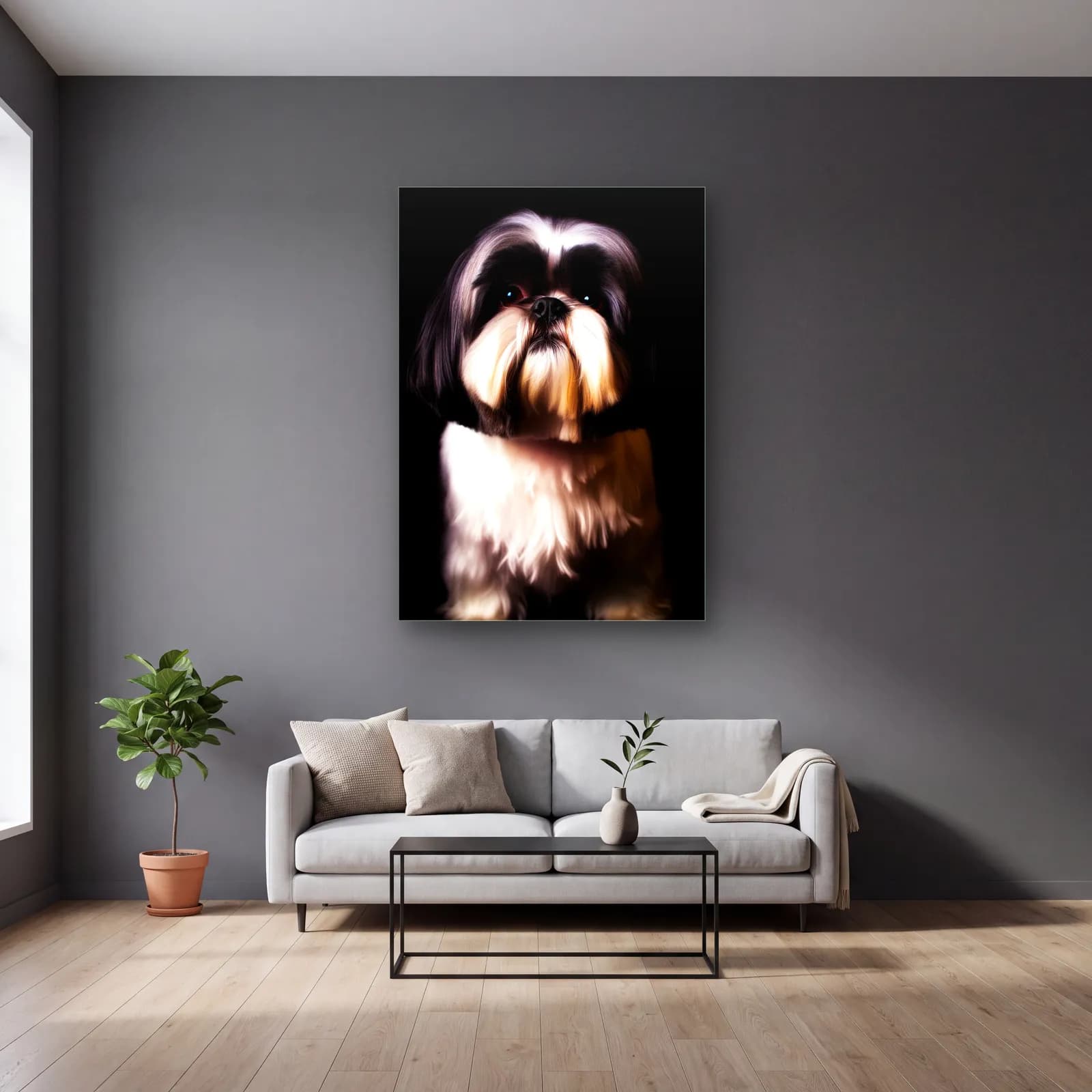 Shih Tzu Köpek Portresi cam tablo — gri duvarlı salonda