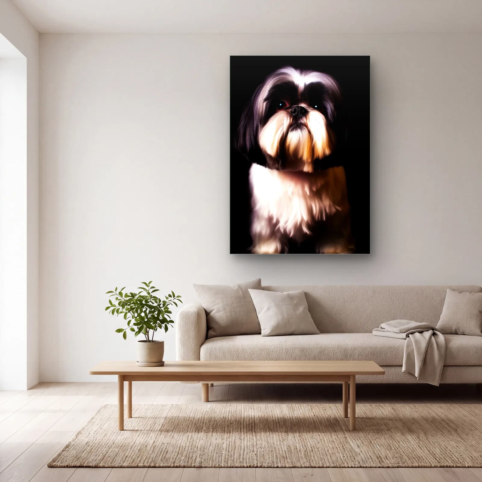 Shih Tzu Köpek Portresi cam tablo — açık renk salonda