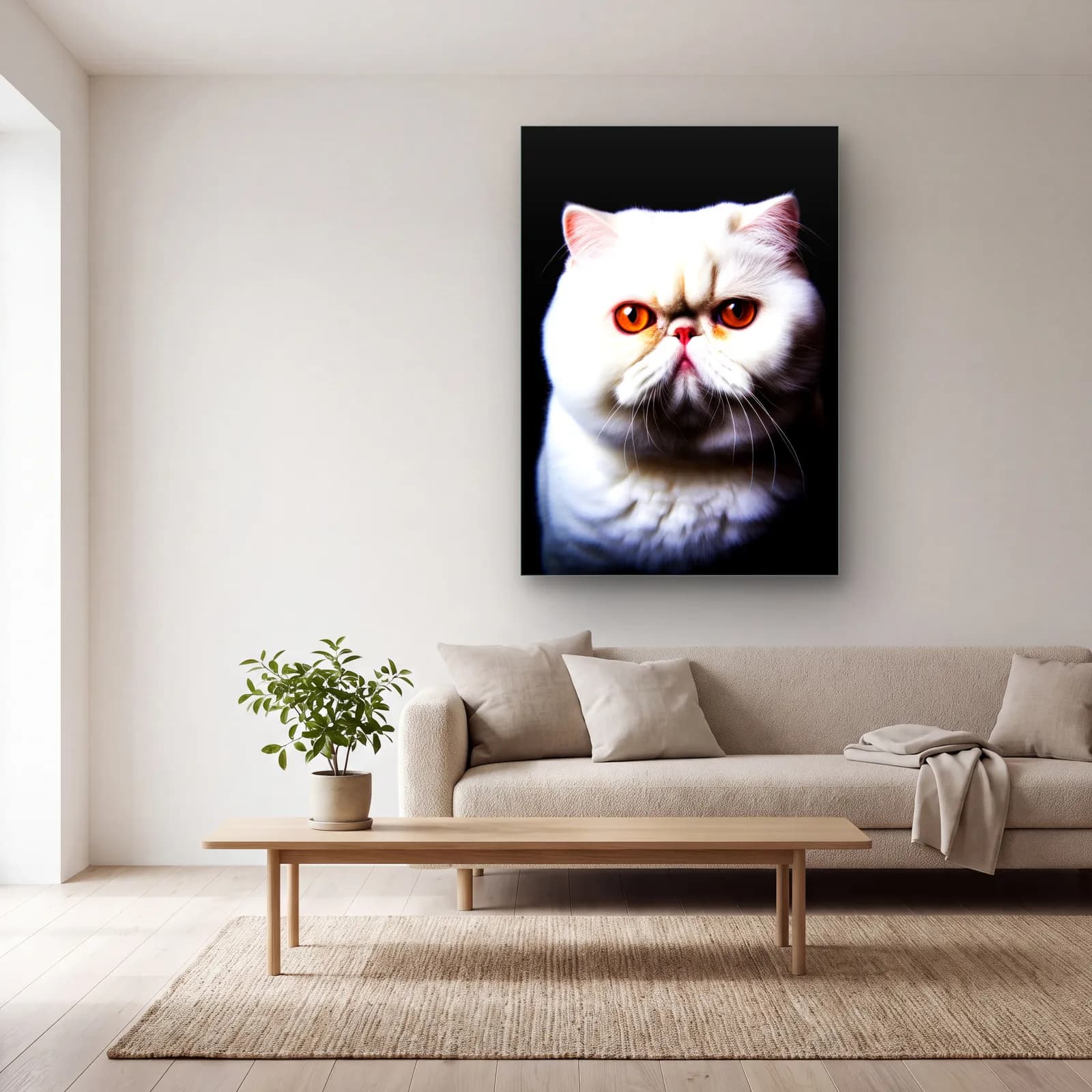 Beyaz Egzotik Kedi Portresi cam tablo — açık renk salonda