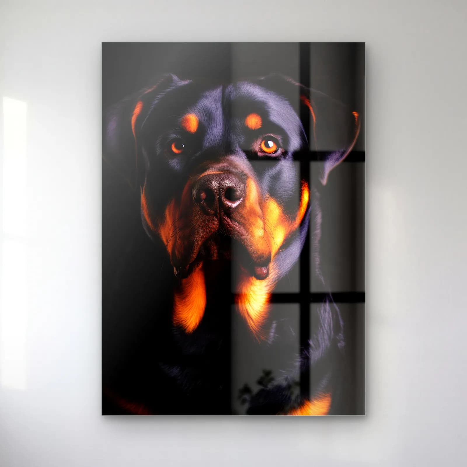 Rottweiler Portresi cam tablo — Siyah fonda kahverengi lekeli, dik bakışlı Rottweiler köpek portresi