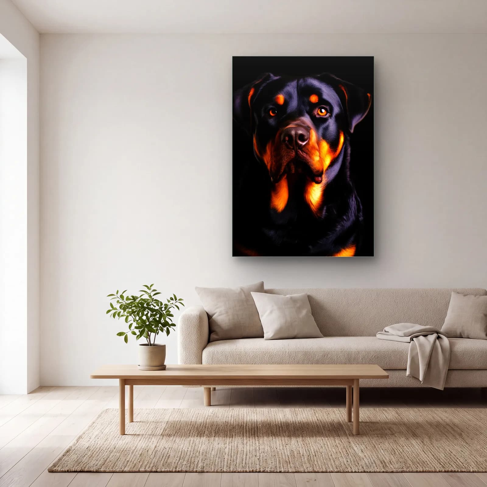 Rottweiler Portresi cam tablo — açık renk salonda