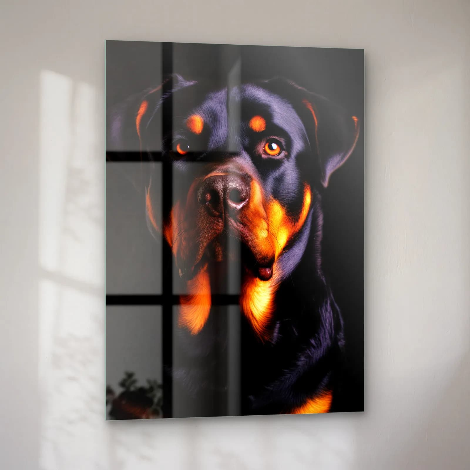Rottweiler Portresi cam tablo — sol açıdan görünüm